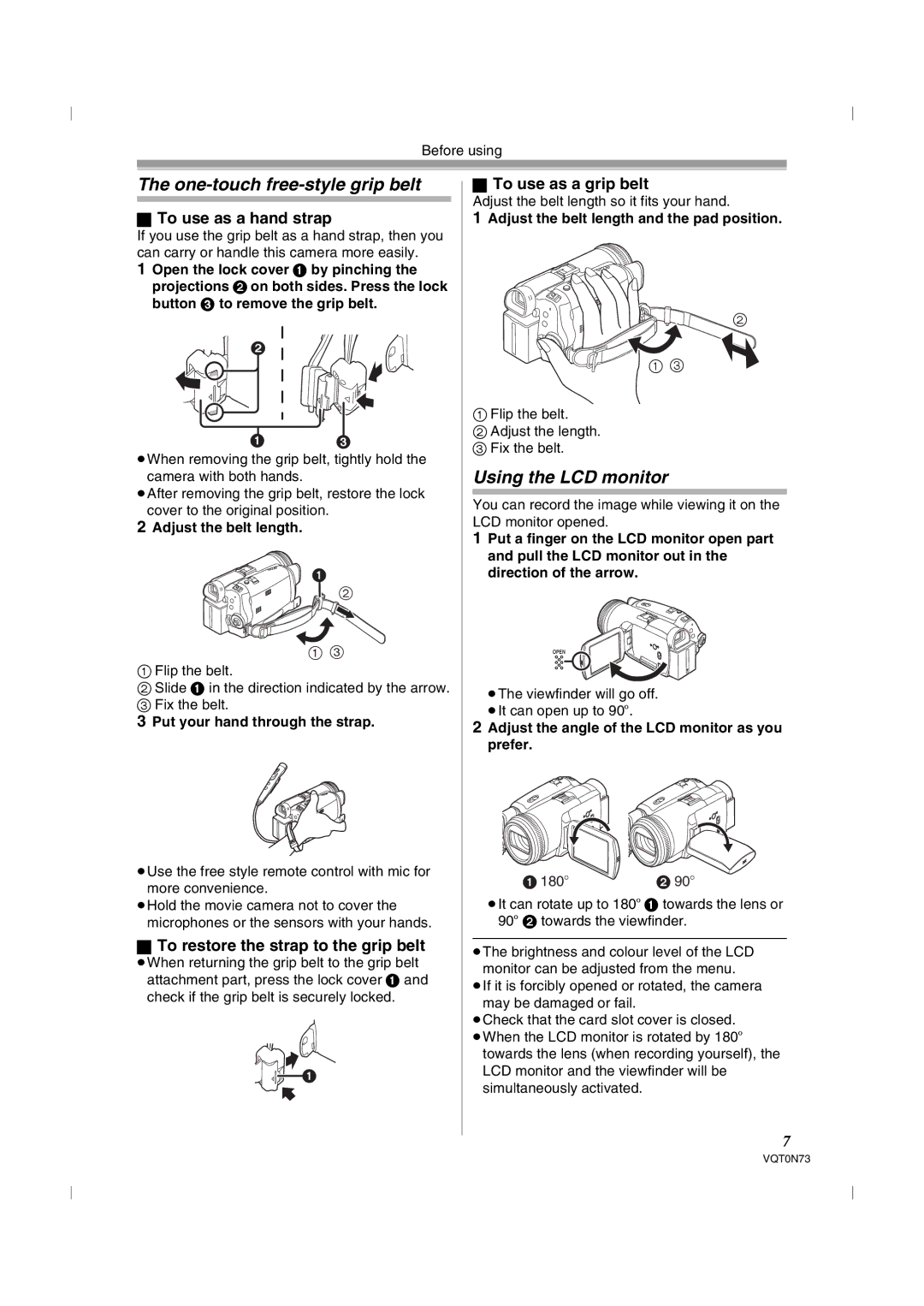 Panasonic NV-GS250GN One-touch free-style grip belt, Using the LCD monitor, To use as a hand strap, To use as a grip belt 