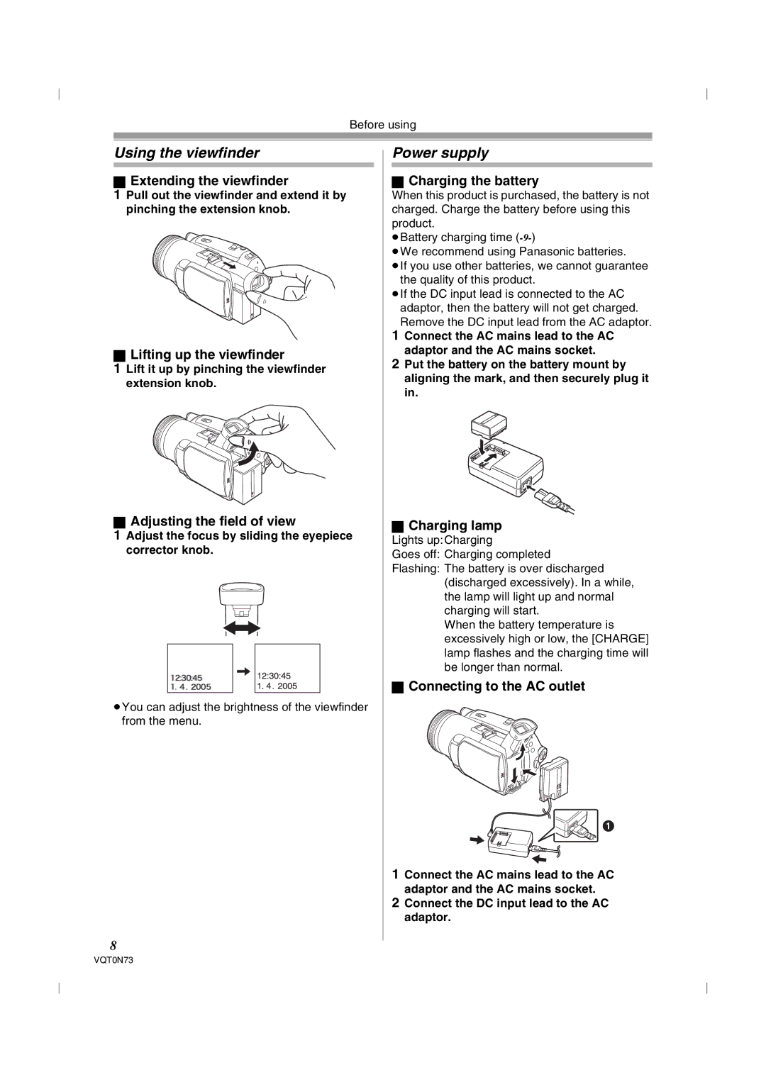 Panasonic NV-GS250GN operating instructions Using the viewfinder, Power supply 