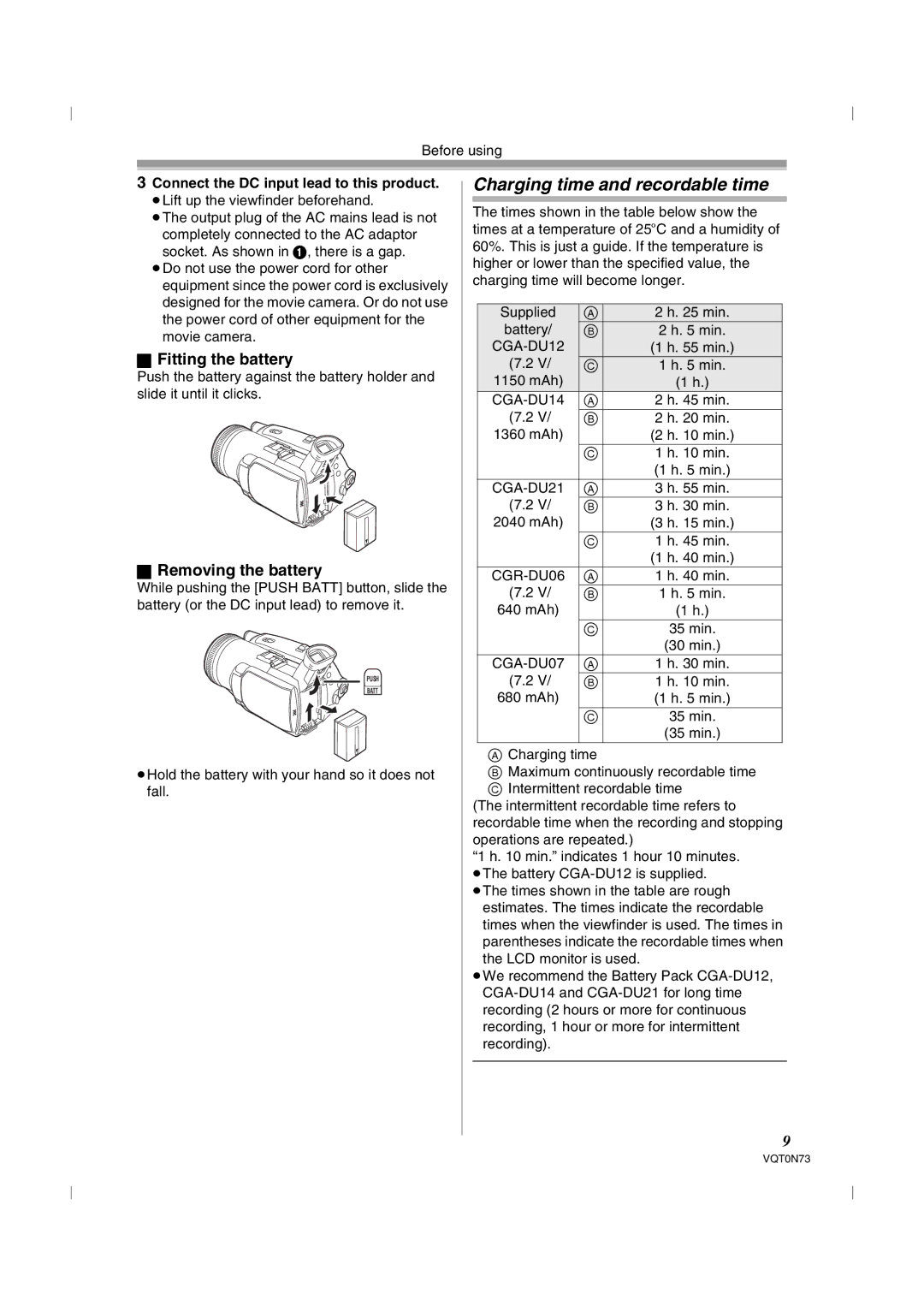 Panasonic NV-GS250GN operating instructions Charging time and recordable time, Fitting the battery, Removing the battery 