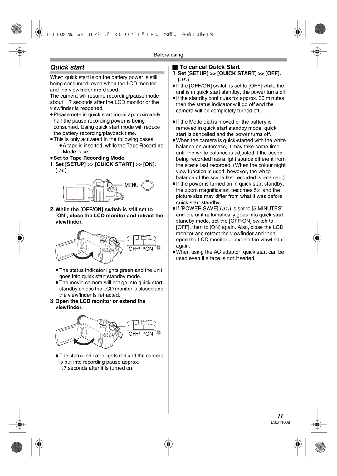 Panasonic NV-GS27GN operating instructions Quick start, To cancel Quick Start, ≥Set to Tape Recording Mode 