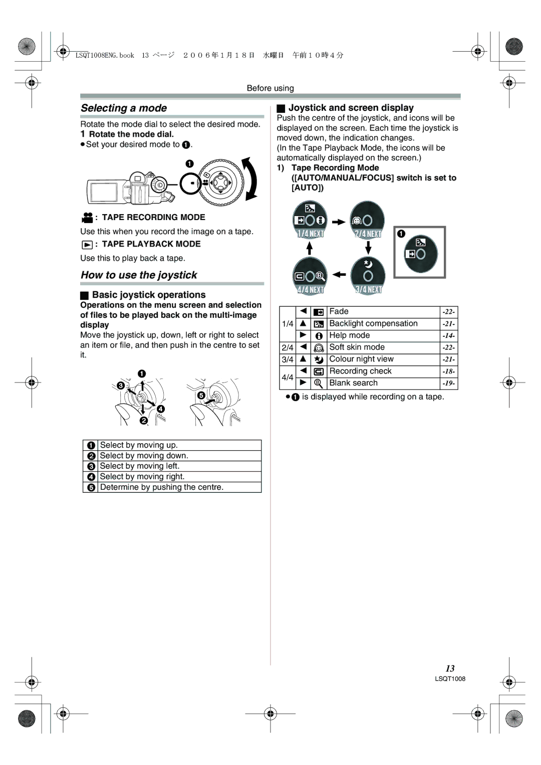 Panasonic NV-GS27GN Selecting a mode, How to use the joystick, Basic joystick operations, Joystick and screen display 