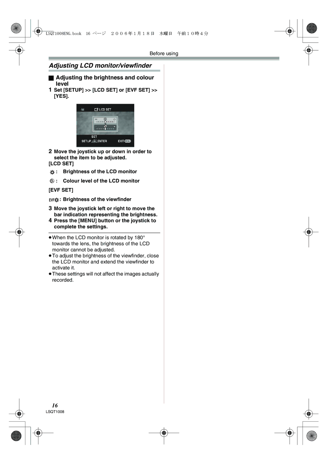 Panasonic NV-GS27GN operating instructions Adjusting LCD monitor/viewfinder, Adjusting the brightness and colour Level 