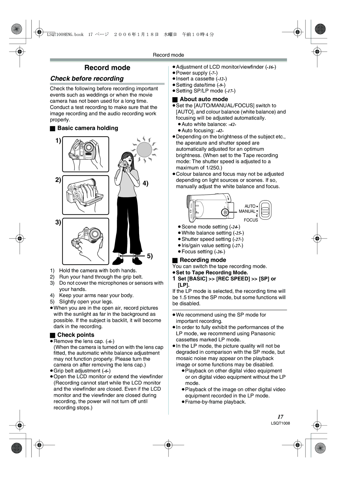 Panasonic NV-GS27GN operating instructions Record mode, Check before recording 