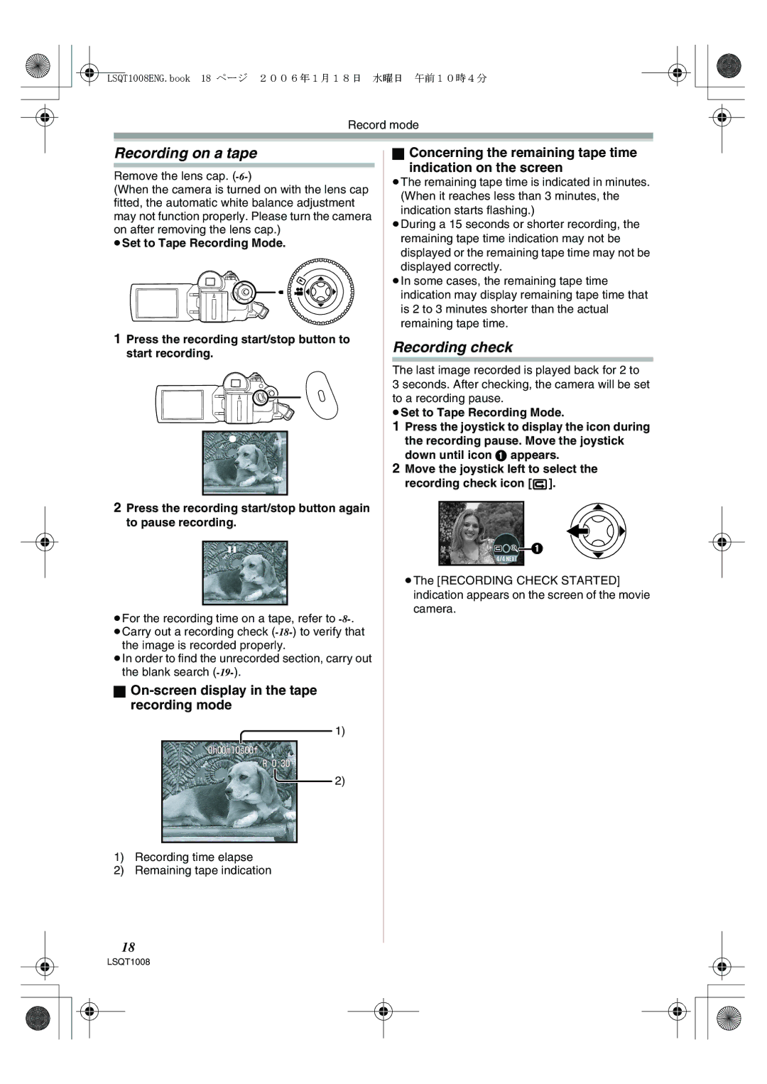 Panasonic NV-GS27GN Recording on a tape, Recording check, On-screen display in the tape recording mode 