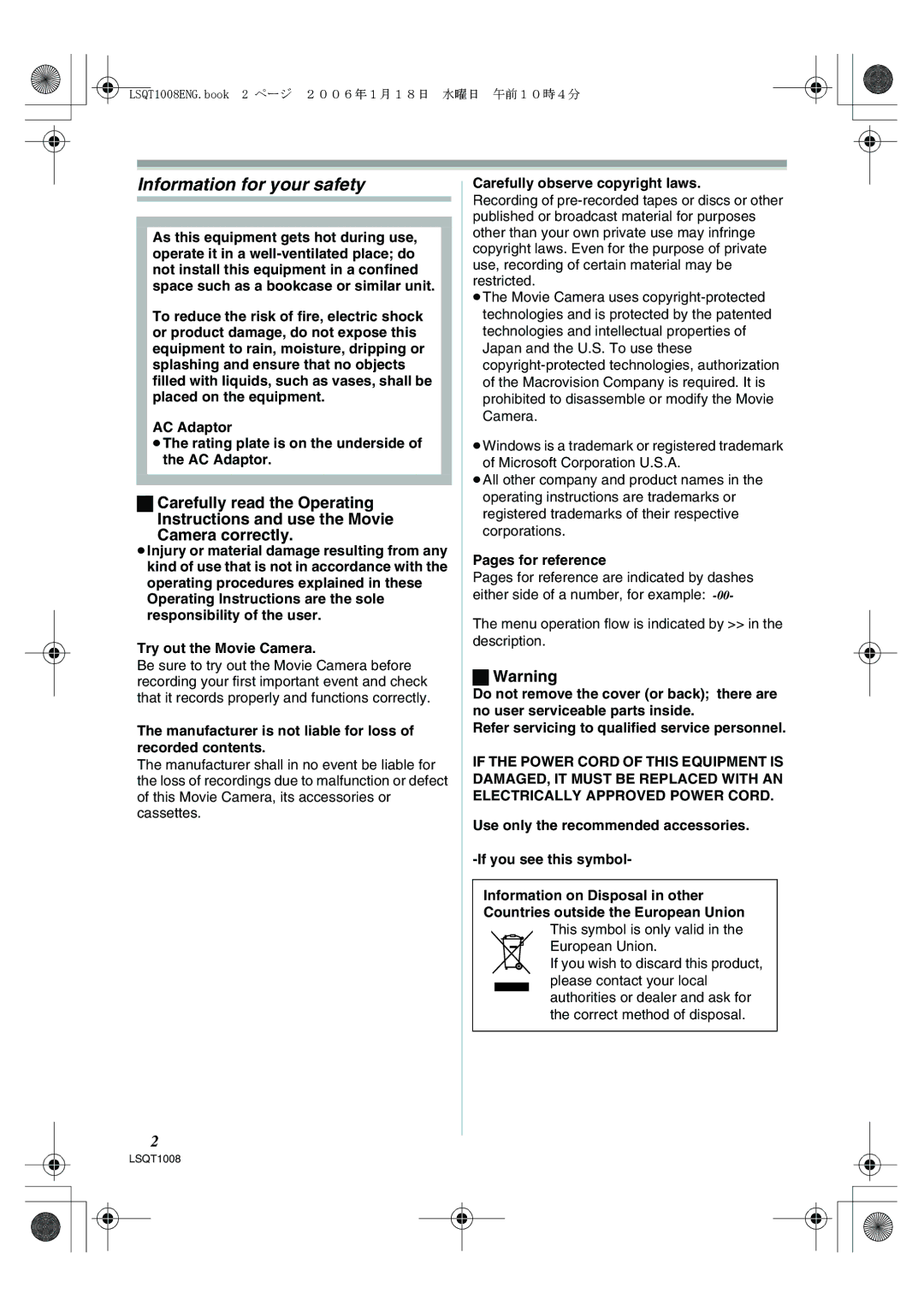 Panasonic NV-GS27GN operating instructions Information for your safety 