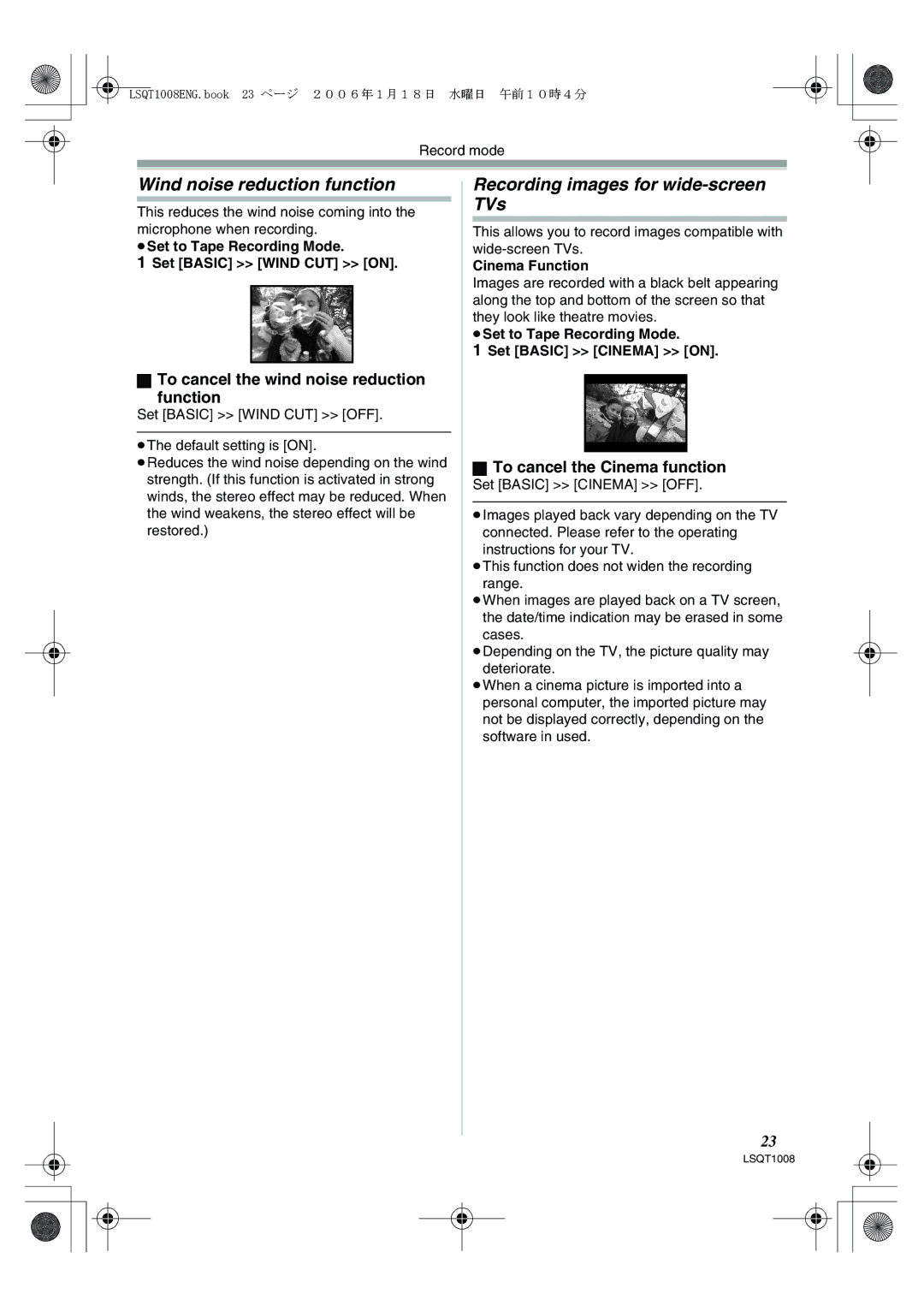 Panasonic NV-GS27GN Wind noise reduction function, Recording images for wide-screen TVs, To cancel the Cinema function 