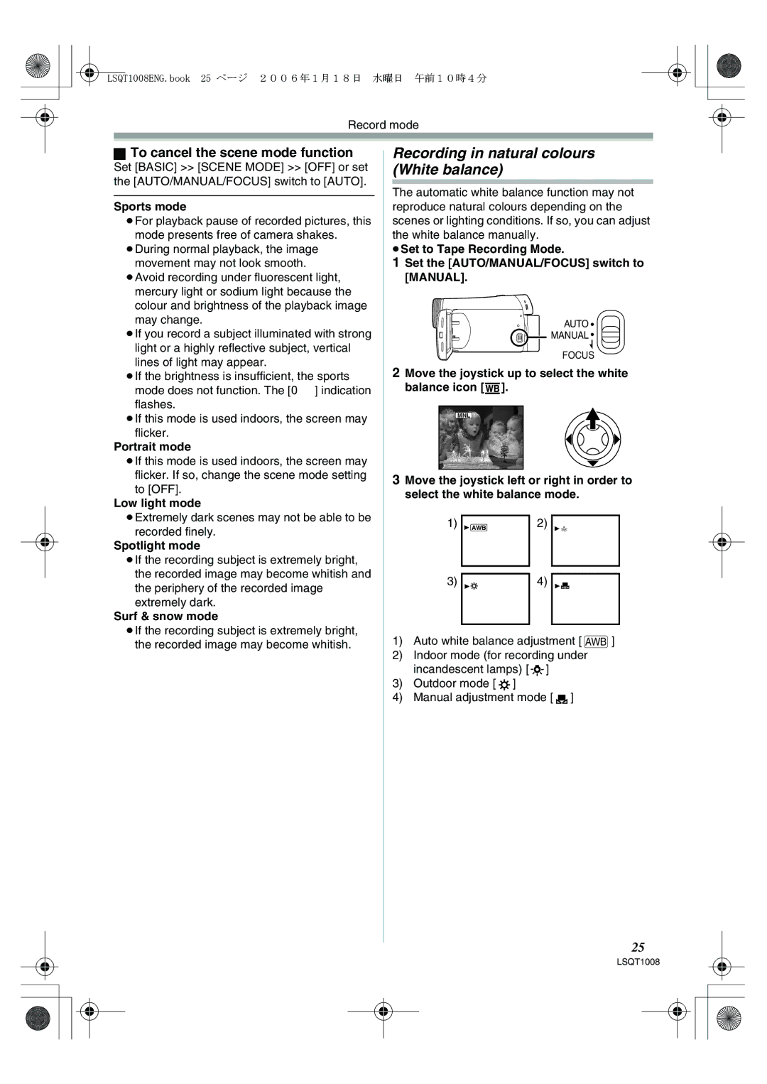 Panasonic NV-GS27GN operating instructions Recording in natural colours White balance, To cancel the scene mode function 