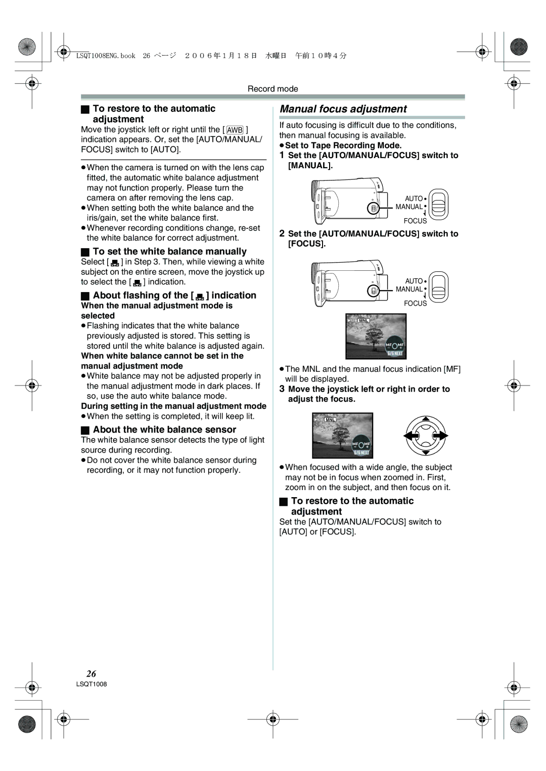 Panasonic NV-GS27GN Manual focus adjustment, To restore to the automatic Adjustment, To set the white balance manually 