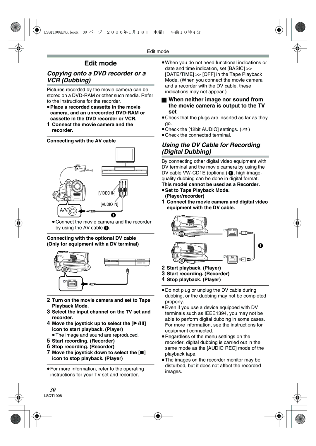 Panasonic NV-GS27GN operating instructions Edit mode, Copying onto a DVD recorder or a VCR Dubbing 