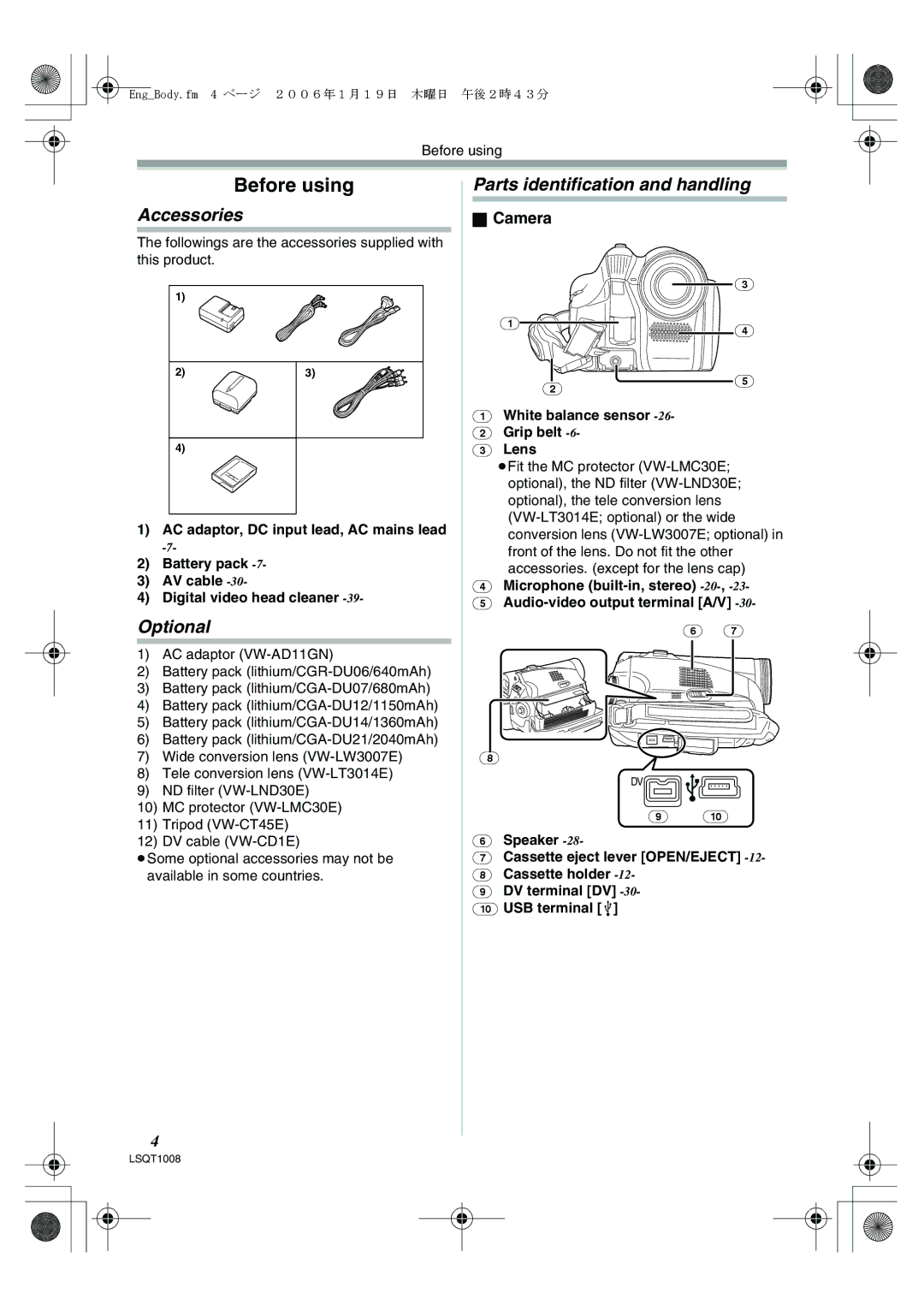 Panasonic NV-GS27GN operating instructions Before using, Accessories, Optional, Parts identification and handling, Camera 