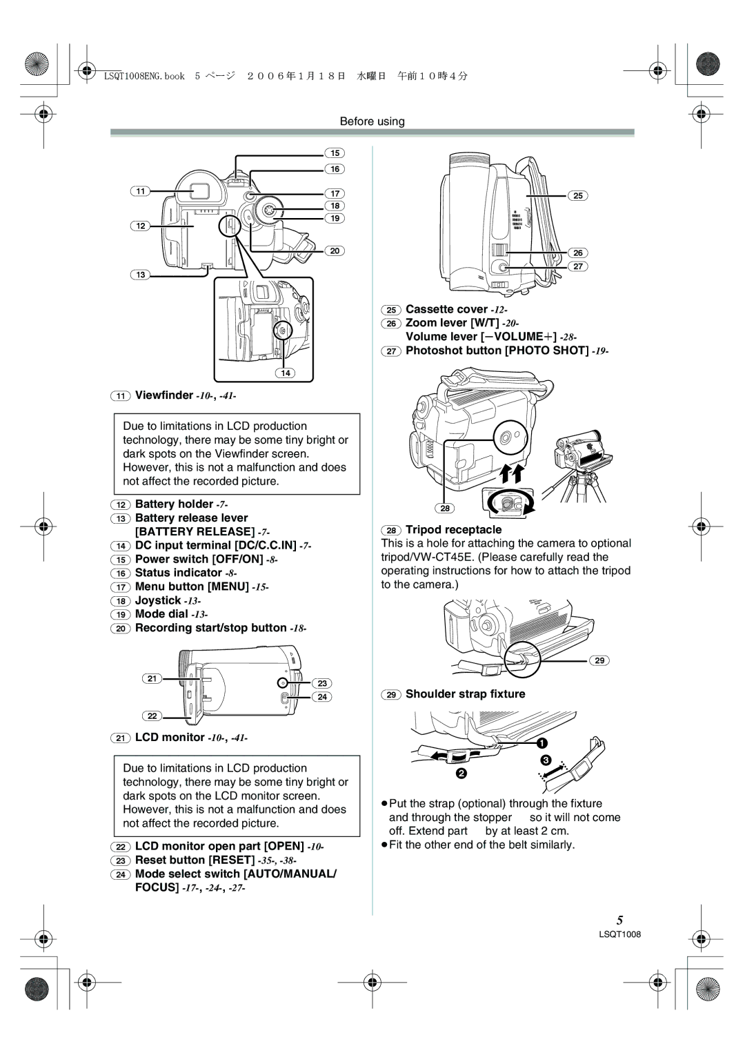 Panasonic NV-GS27GN LCD monitor open part Open Reset button Reset -35-,-38, Tripod receptacle, Shoulder strap fixture 