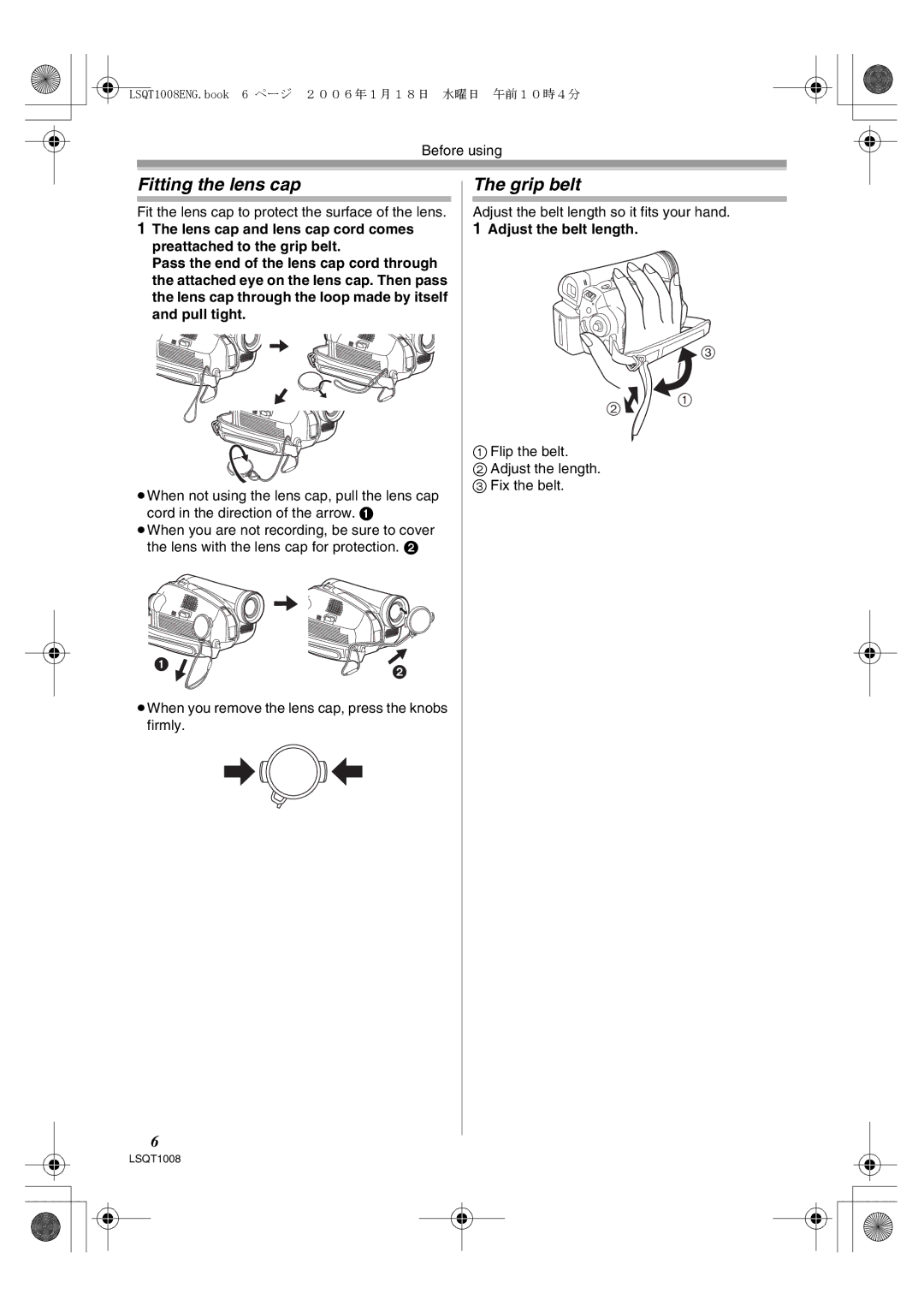 Panasonic NV-GS27GN operating instructions Fitting the lens cap, Grip belt, Adjust the belt length 