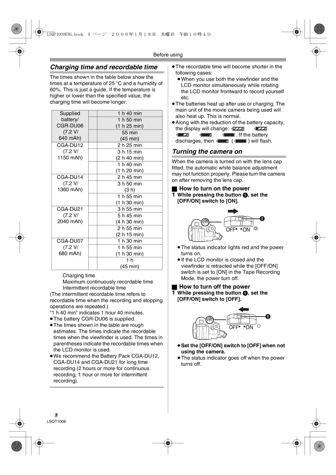 Panasonic NV-GS27GN Charging time and recordable time, Turning the camera on, How to turn on the power 