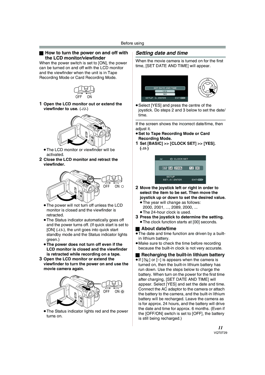 Panasonic NV-GS300 operating instructions Setting date and time, About date/time, Recharging the built-in lithium battery 