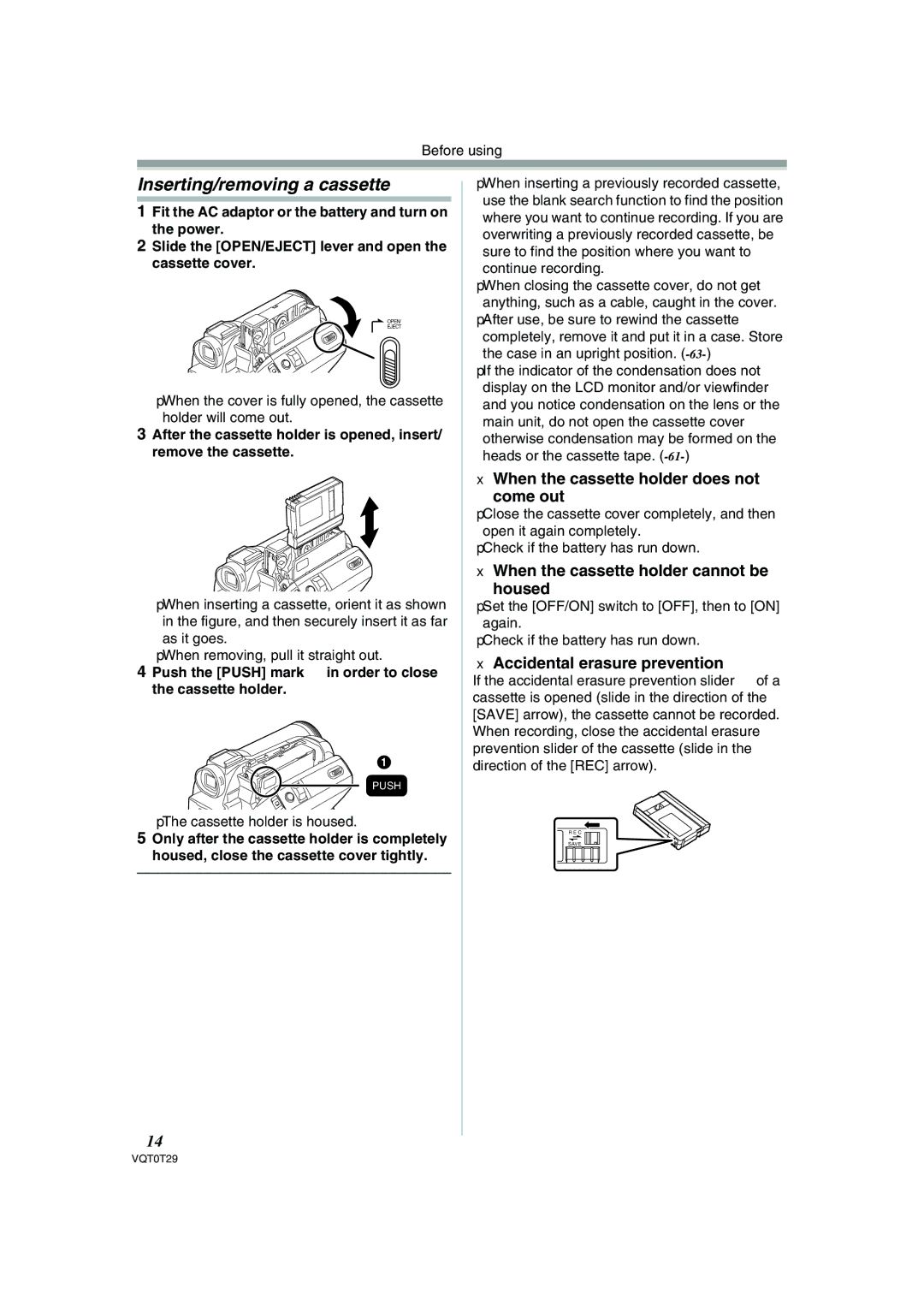 Panasonic NV-GS300 operating instructions Inserting/removing a cassette, When the cassette holder does not Come out 