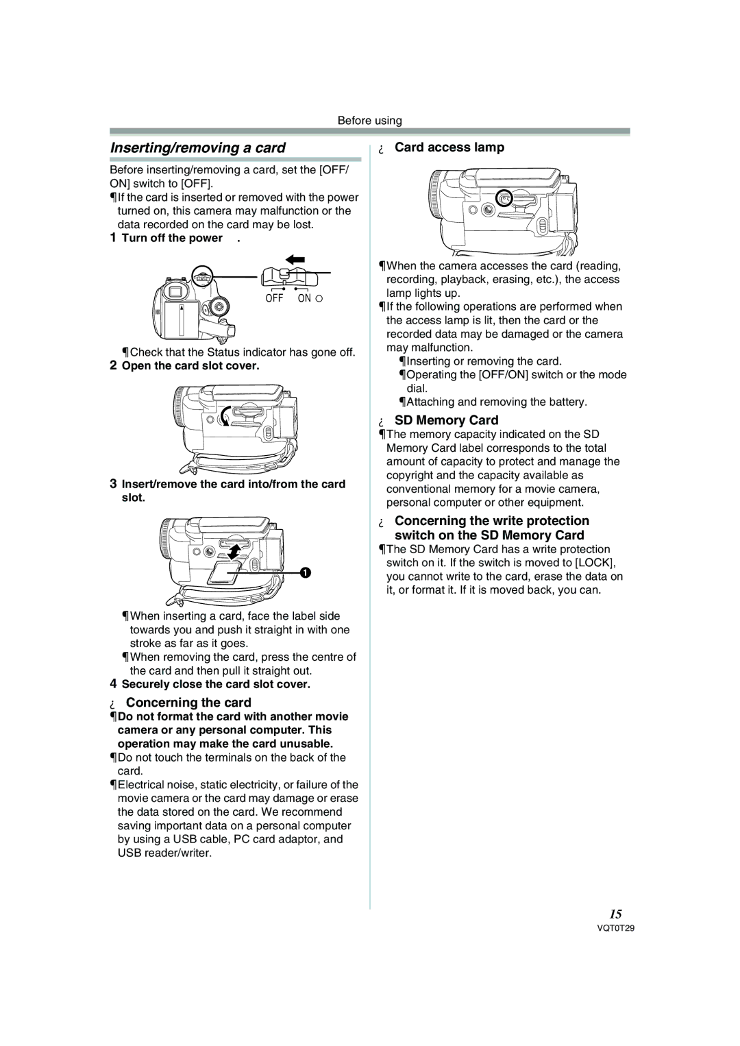 Panasonic NV-GS300 operating instructions Inserting/removing a card, Concerning the card, Card access lamp, SD Memory Card 