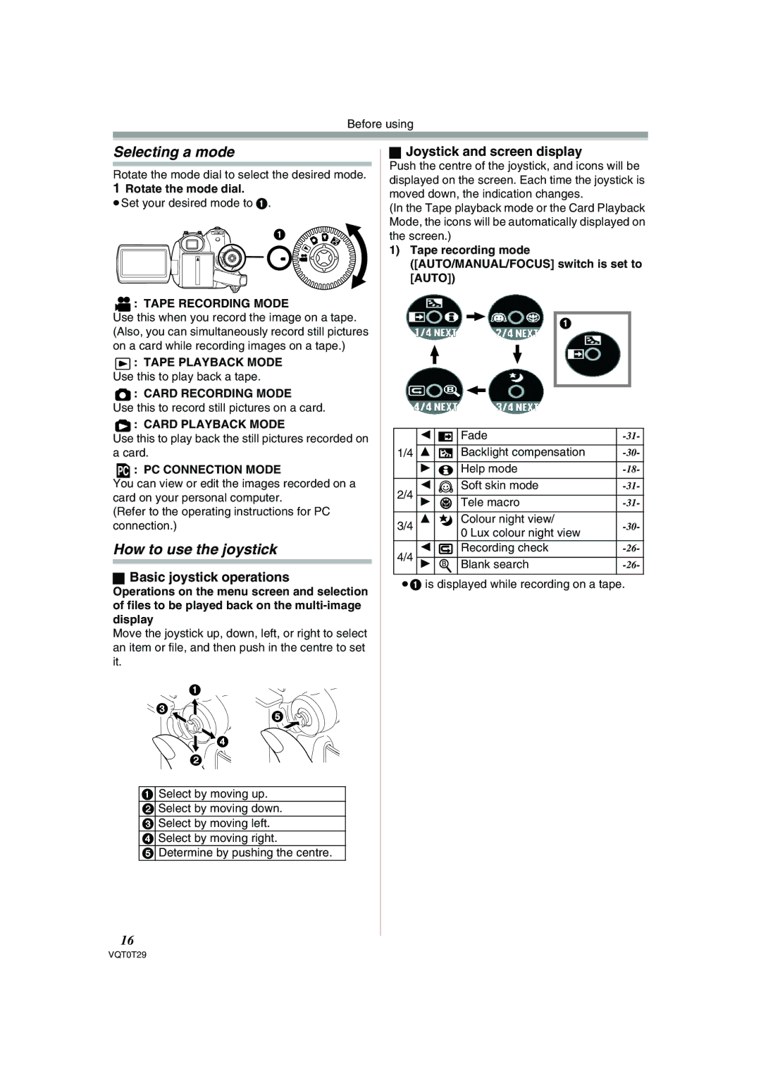 Panasonic NV-GS300 Selecting a mode, How to use the joystick, Basic joystick operations, Joystick and screen display 