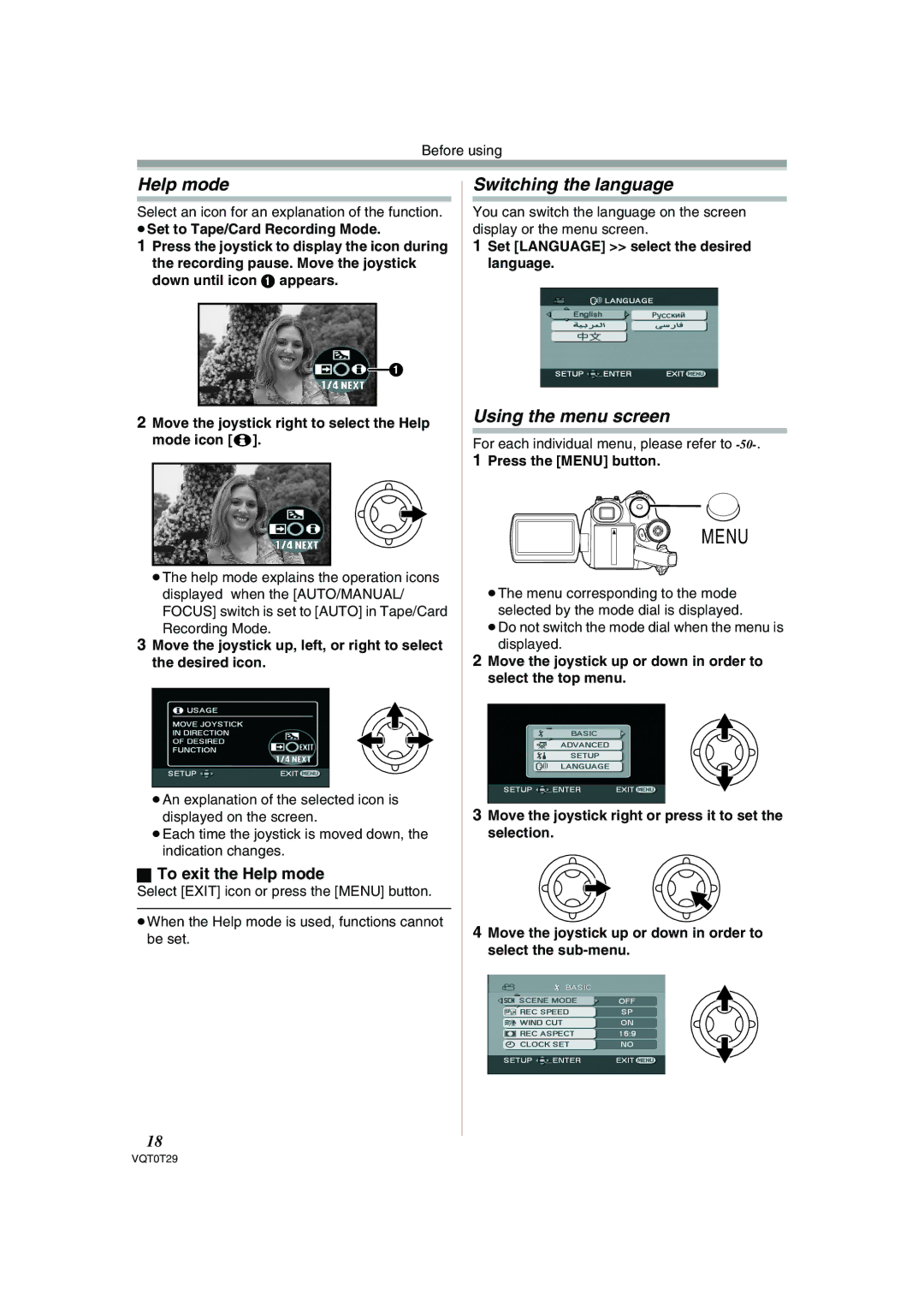 Panasonic NV-GS300 operating instructions Switching the language, Using the menu screen, To exit the Help mode 