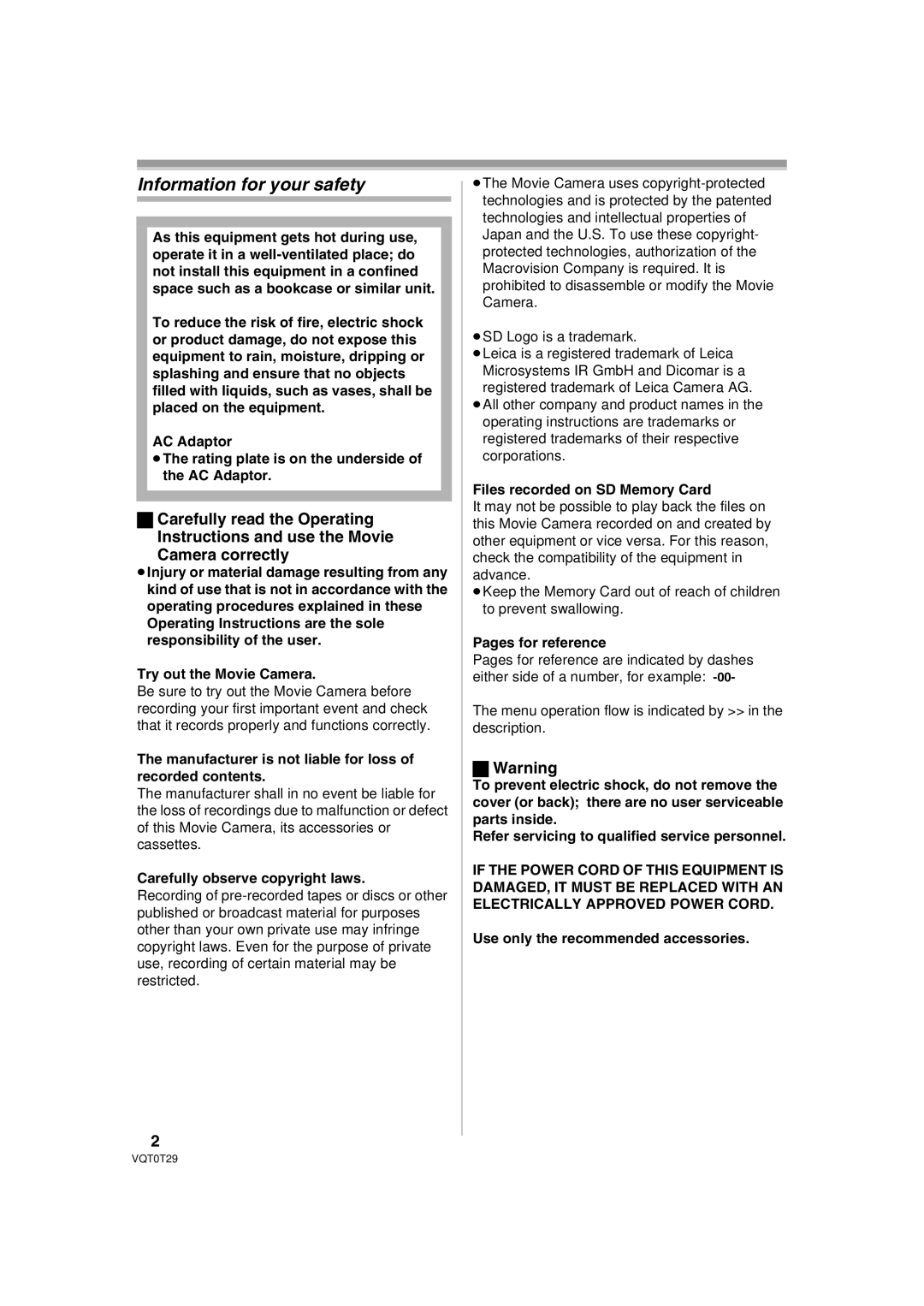 Panasonic NV-GS300 operating instructions Information for your safety 