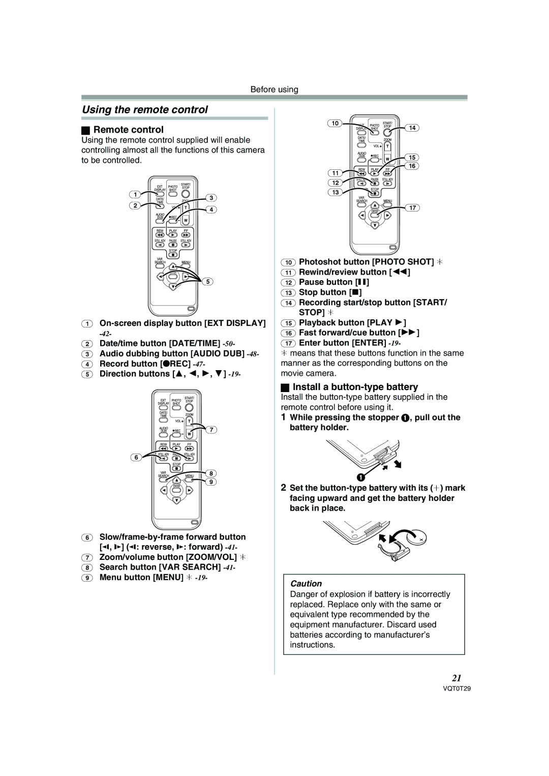 Panasonic NV-GS300 operating instructions Using the remote control, Remote control, Install a button-type battery 