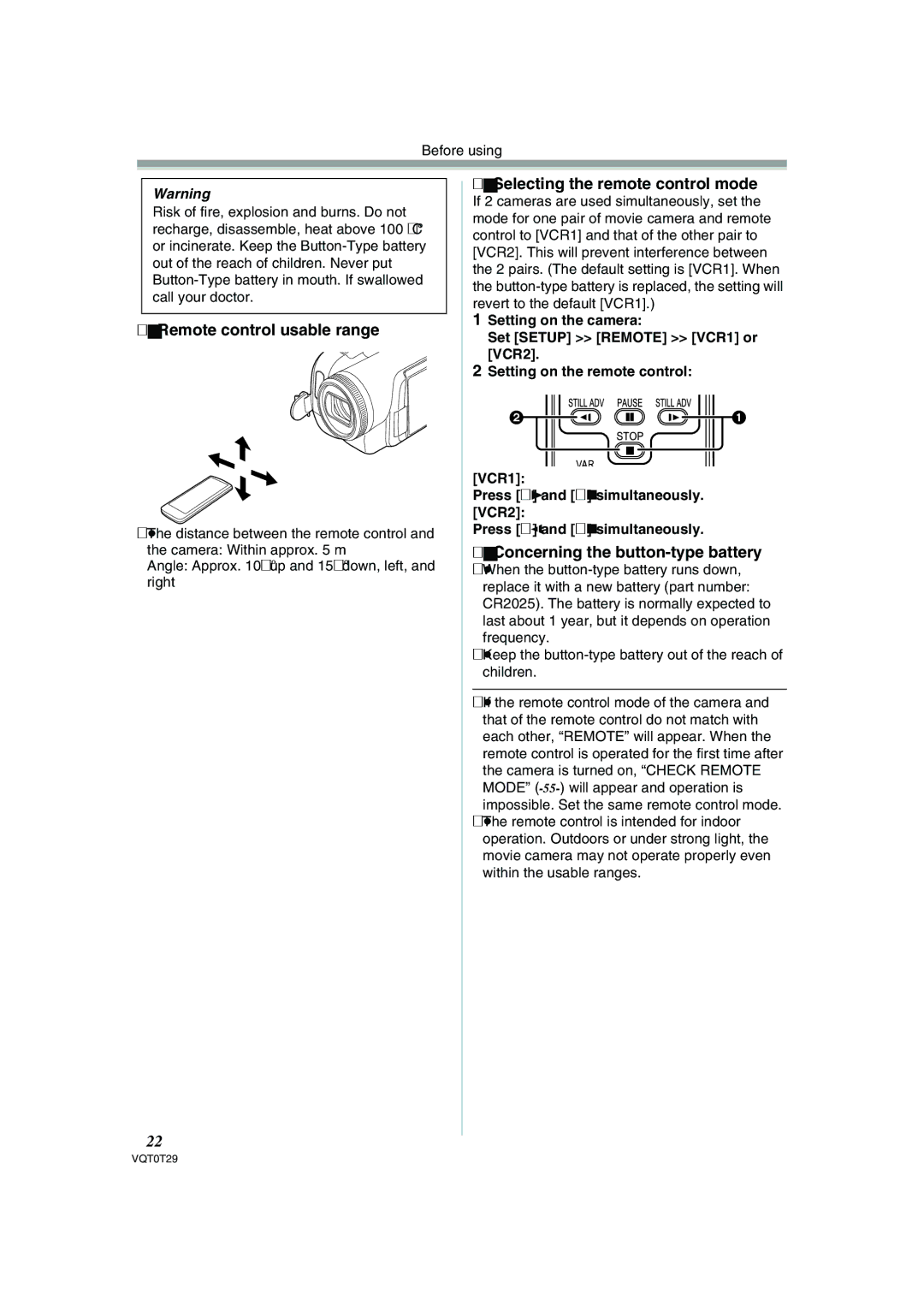 Panasonic NV-GS300 Remote control usable range, Selecting the remote control mode, Concerning the button-type battery 