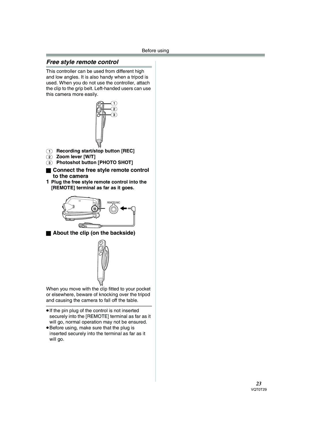 Panasonic NV-GS300 operating instructions Free style remote control, Connect the free style remote control To the camera 