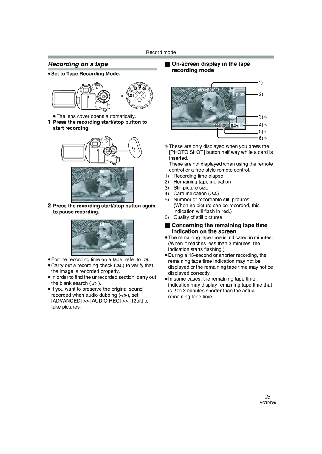 Panasonic NV-GS300 Recording on a tape, On-screen display in the tape recording mode, ≥Set to Tape Recording Mode 