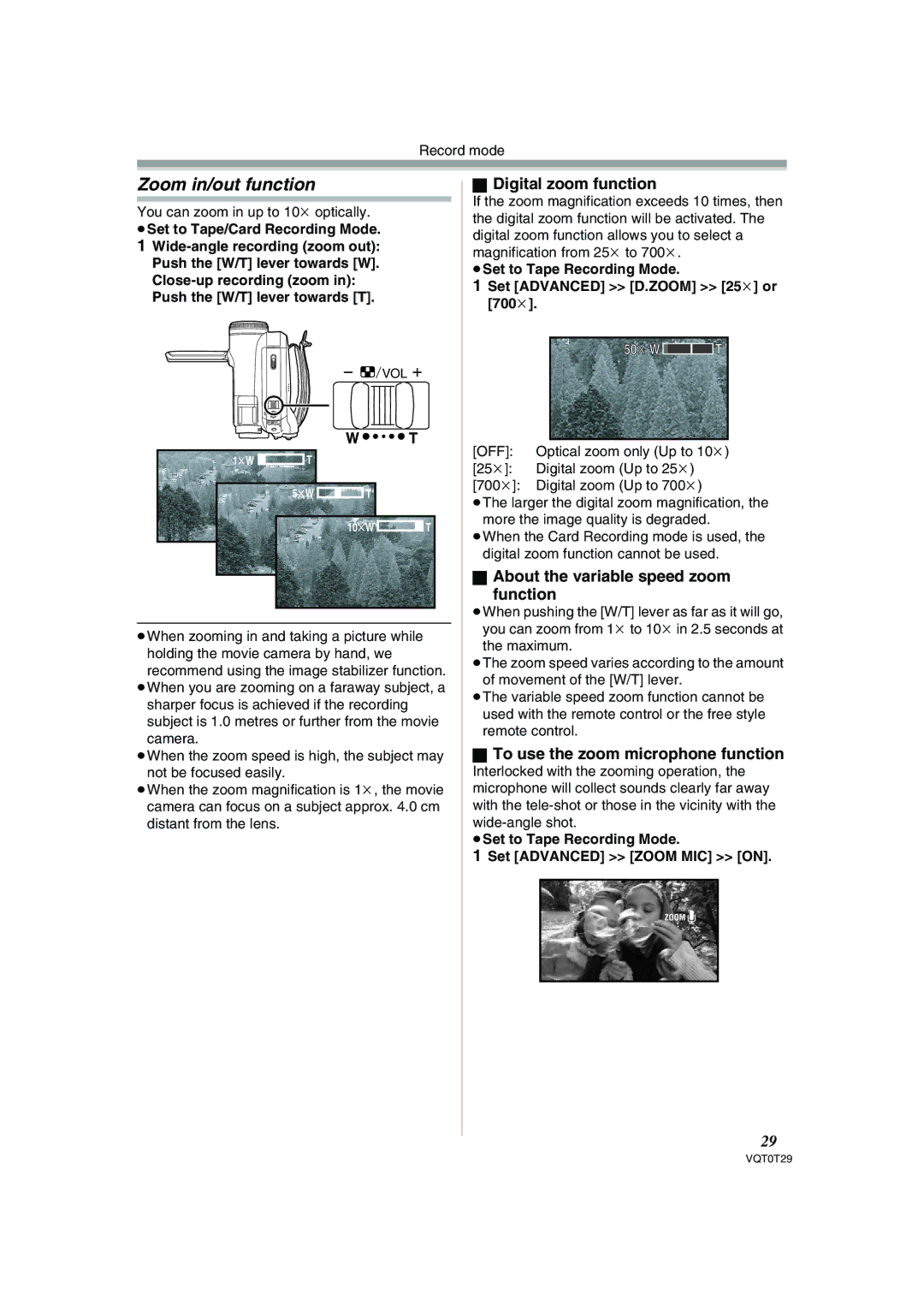 Panasonic NV-GS300 Zoom in/out function, Digital zoom function, About the variable speed zoom Function 