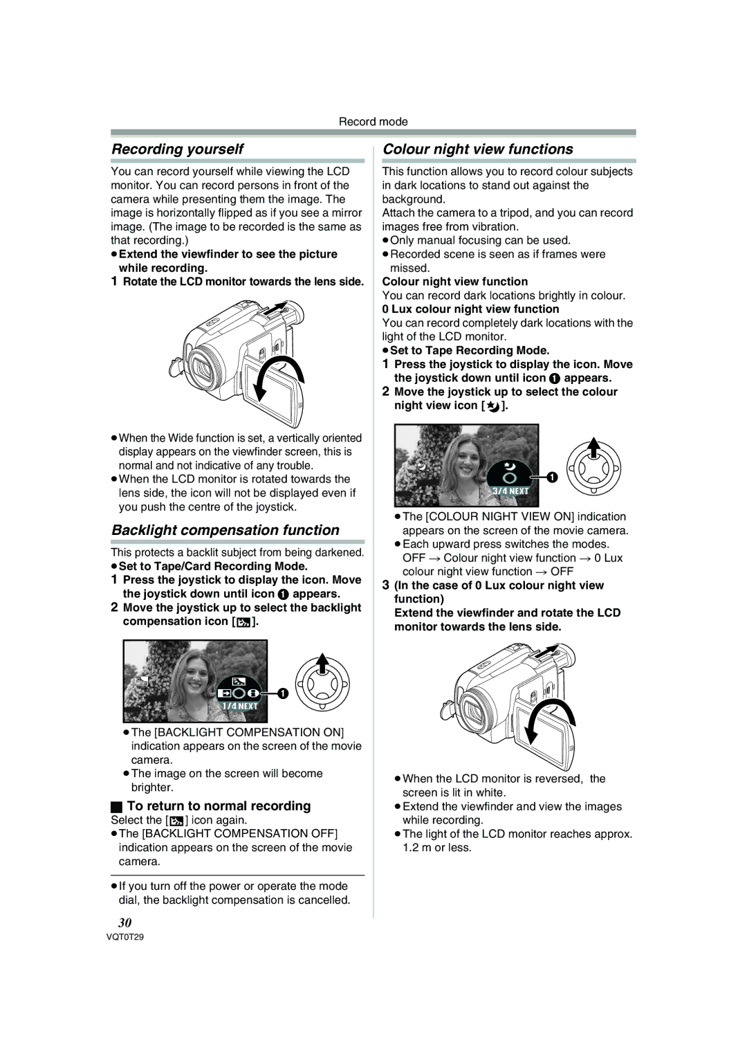 Panasonic NV-GS300 operating instructions Recording yourself, Backlight compensation function, Colour night view functions 