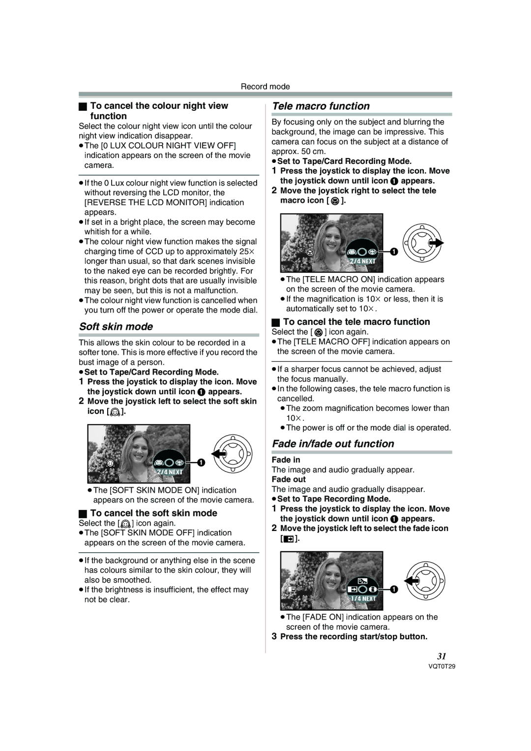 Panasonic NV-GS300 operating instructions Soft skin mode, Tele macro function, Fade in/fade out function 