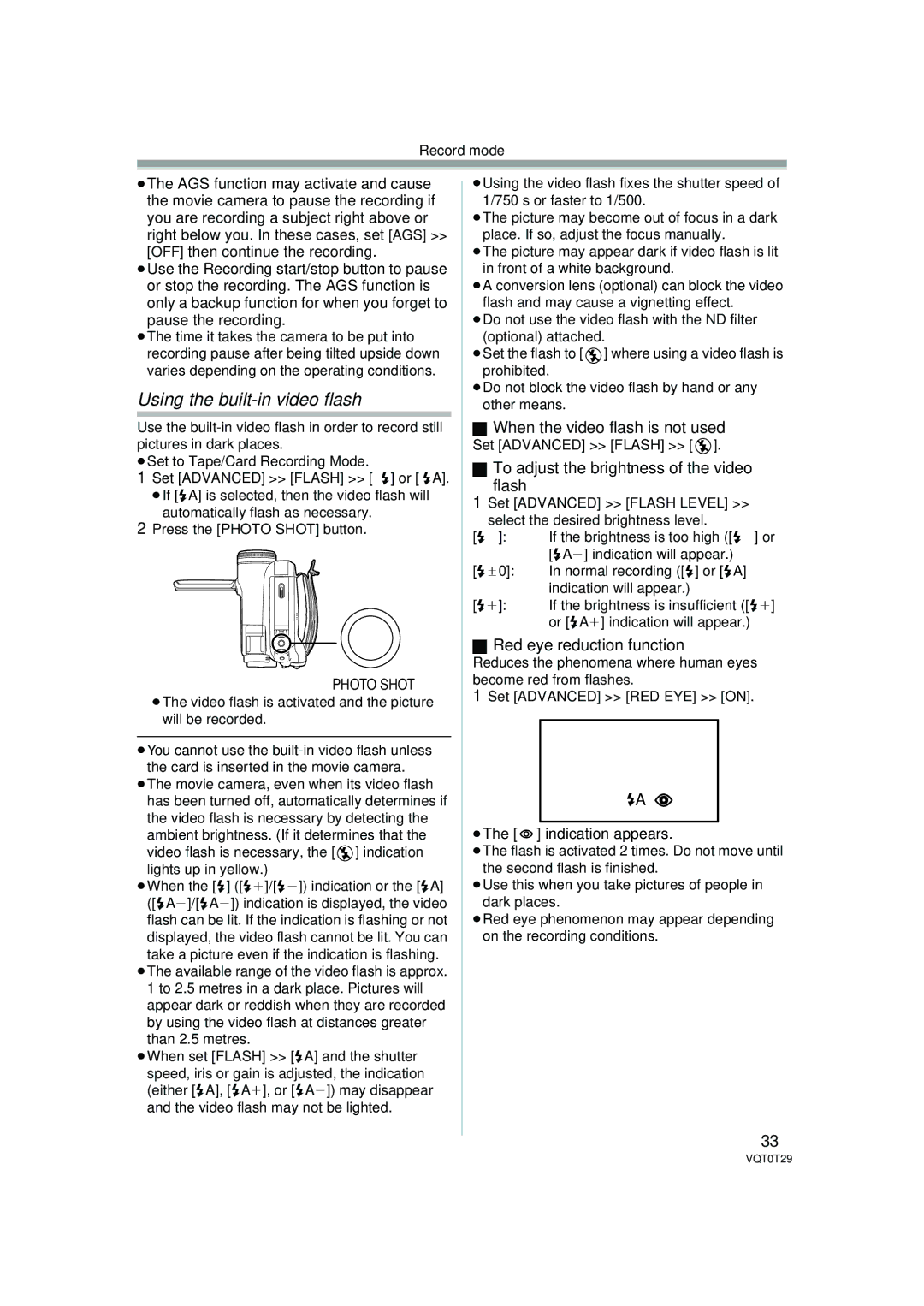 Panasonic NV-GS300 Using the built-in video flash, When the video flash is not used, Red eye reduction function 