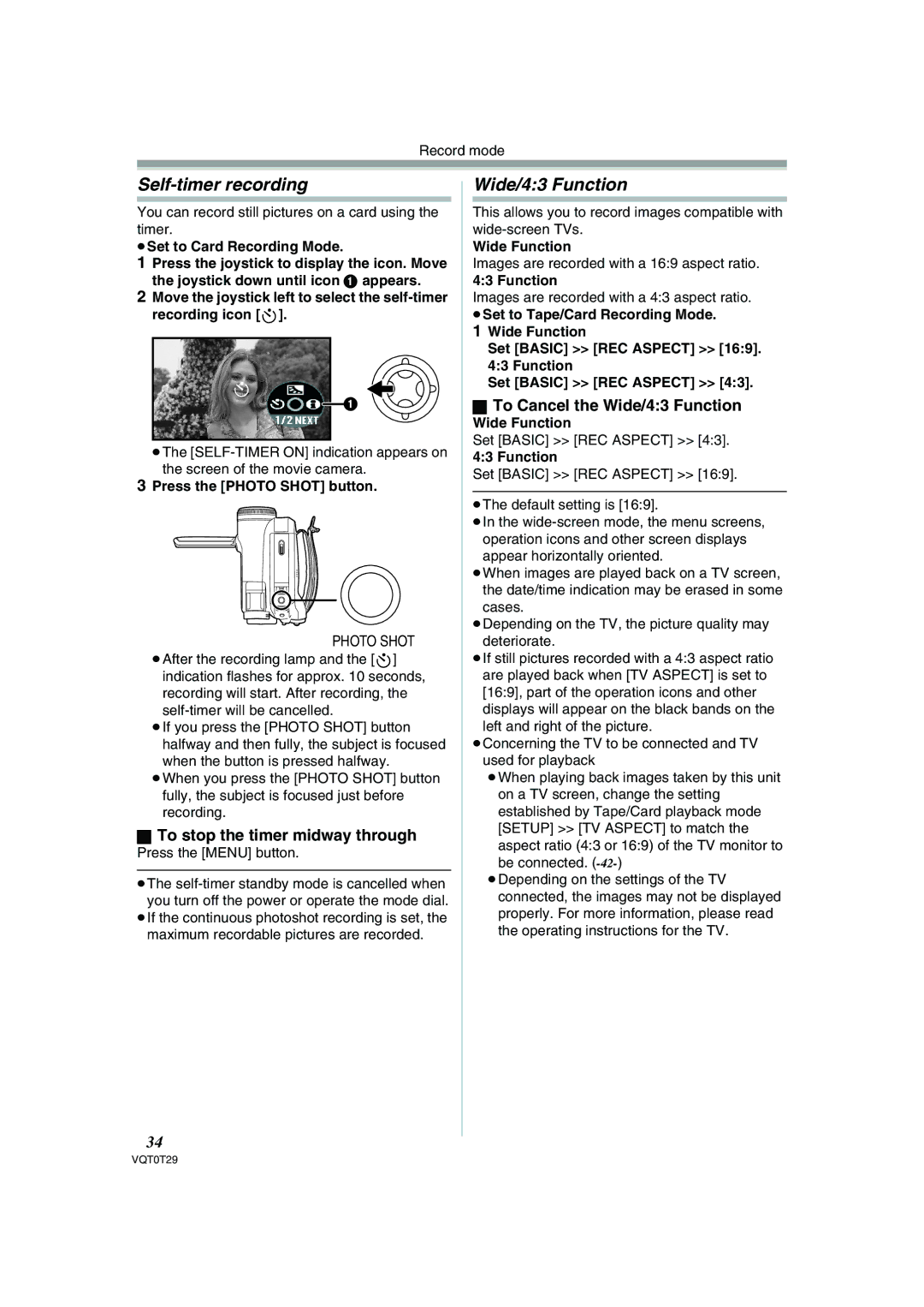 Panasonic NV-GS300 operating instructions Self-timer recording, Wide/43 Function, To stop the timer midway through 