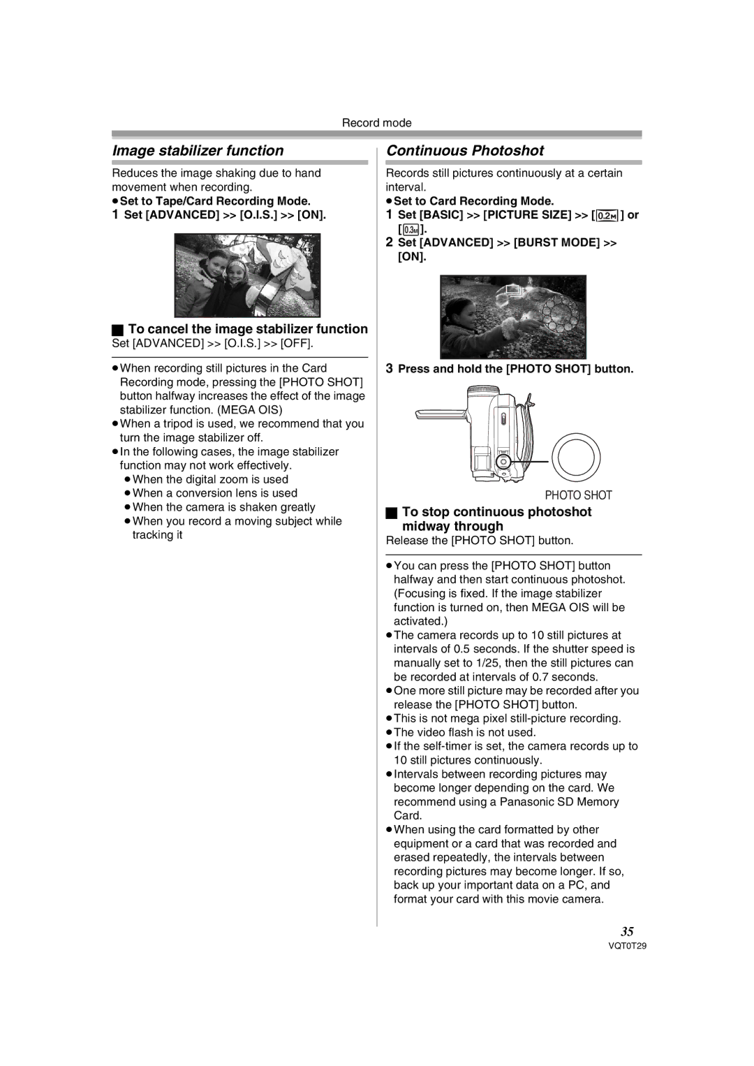 Panasonic NV-GS300 Image stabilizer function, Continuous Photoshot, To cancel the image stabilizer function 