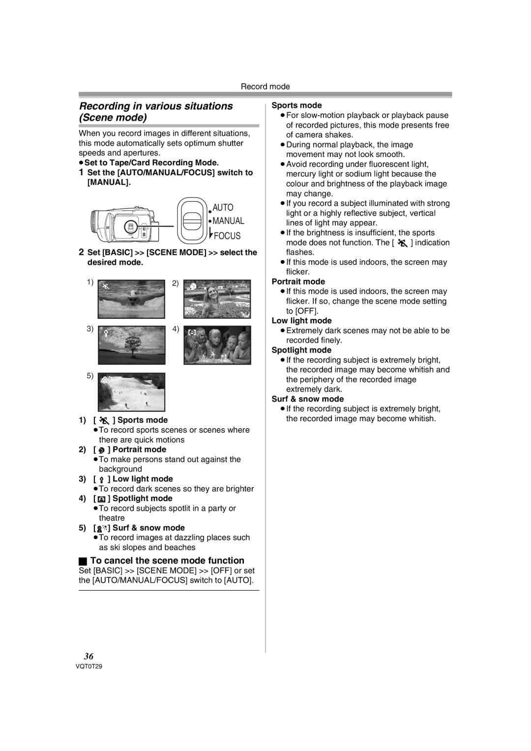 Panasonic NV-GS300 operating instructions Recording in various situations Scene mode, To cancel the scene mode function 