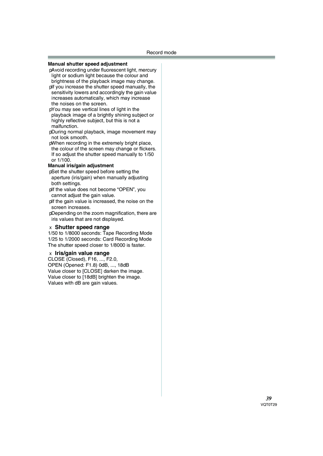 Panasonic NV-GS300 operating instructions Shutter speed range, Iris/gain value range, Manual shutter speed adjustment 