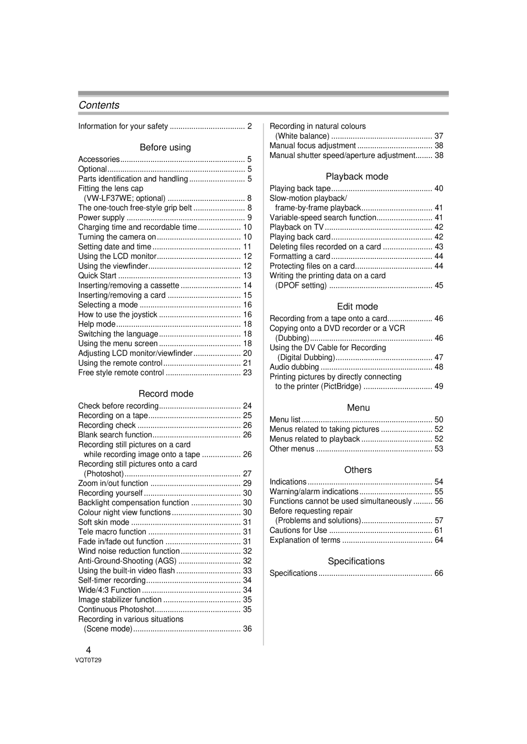 Panasonic NV-GS300 operating instructions Contents 