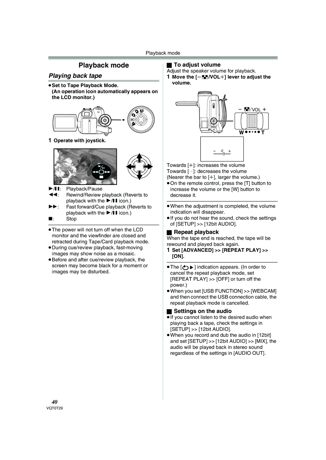 Panasonic NV-GS300 operating instructions Playing back tape, To adjust volume, Repeat playback, Settings on the audio 