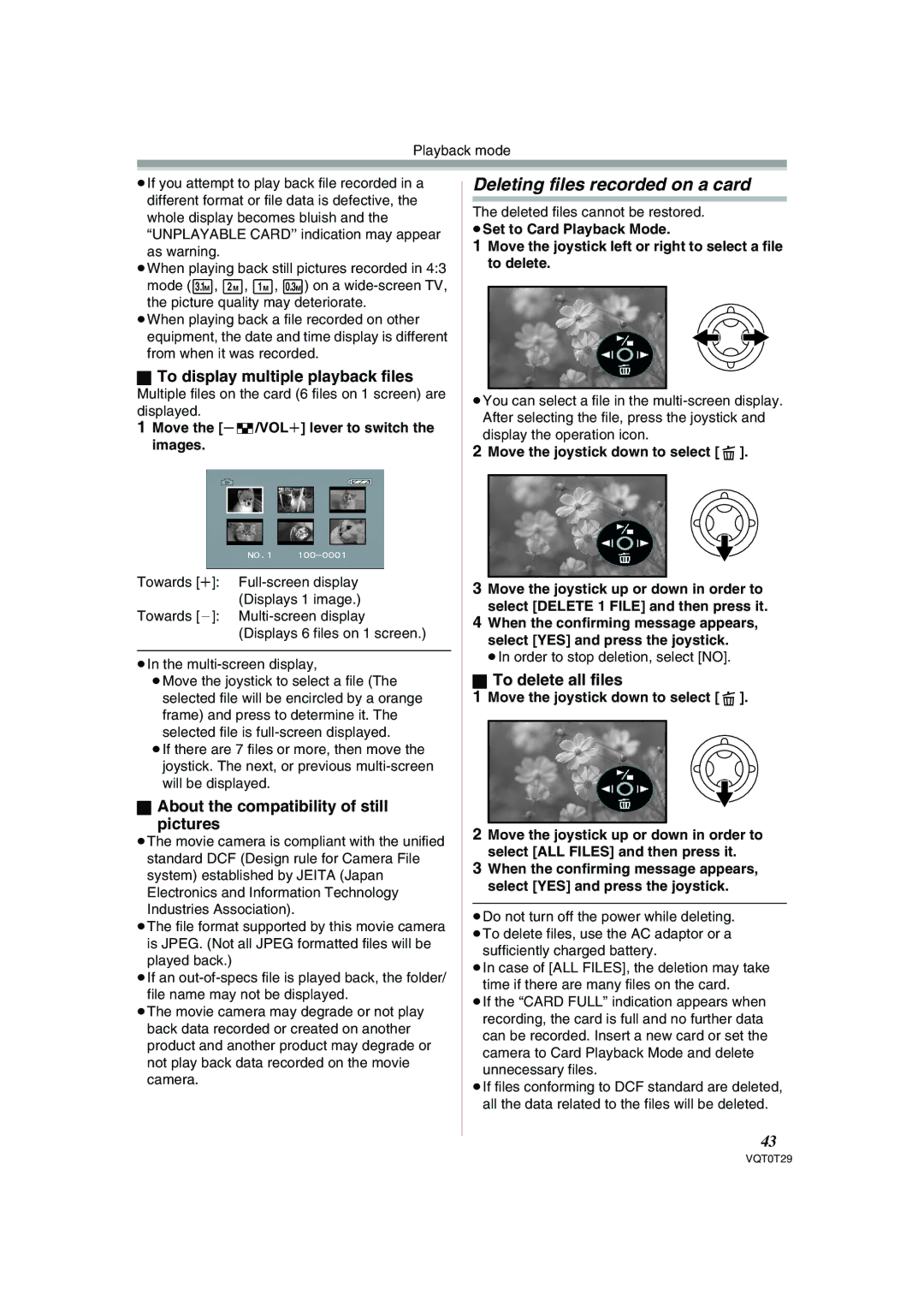 Panasonic NV-GS300 Deleting files recorded on a card, To display multiple playback files, To delete all files 