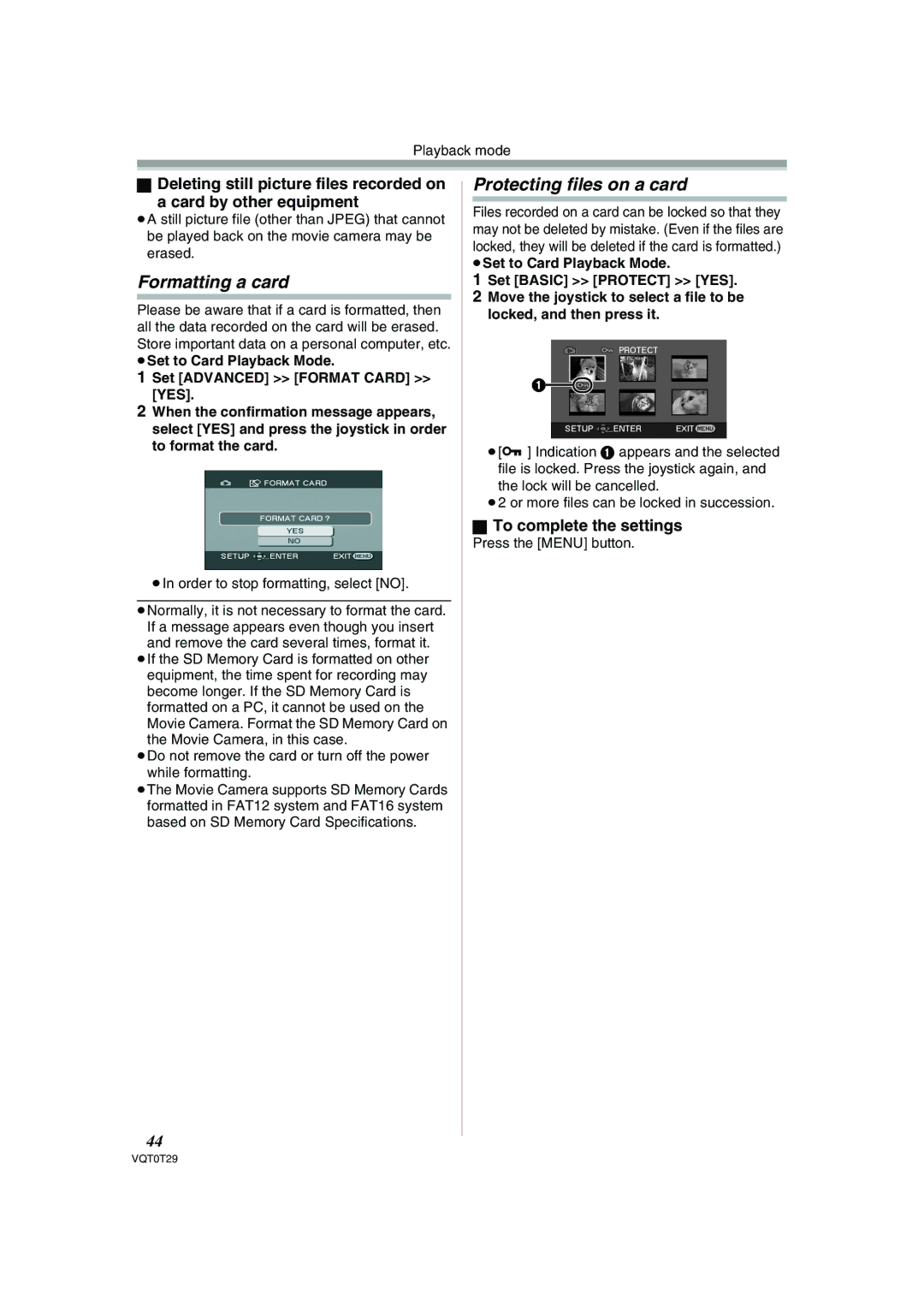 Panasonic NV-GS300 operating instructions Formatting a card, Protecting files on a card, To complete the settings 