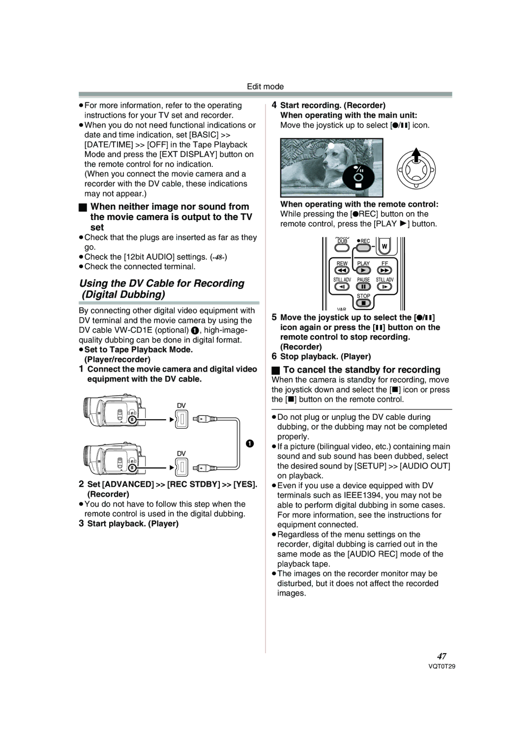 Panasonic NV-GS300 Using the DV Cable for Recording Digital Dubbing, To cancel the standby for recording 