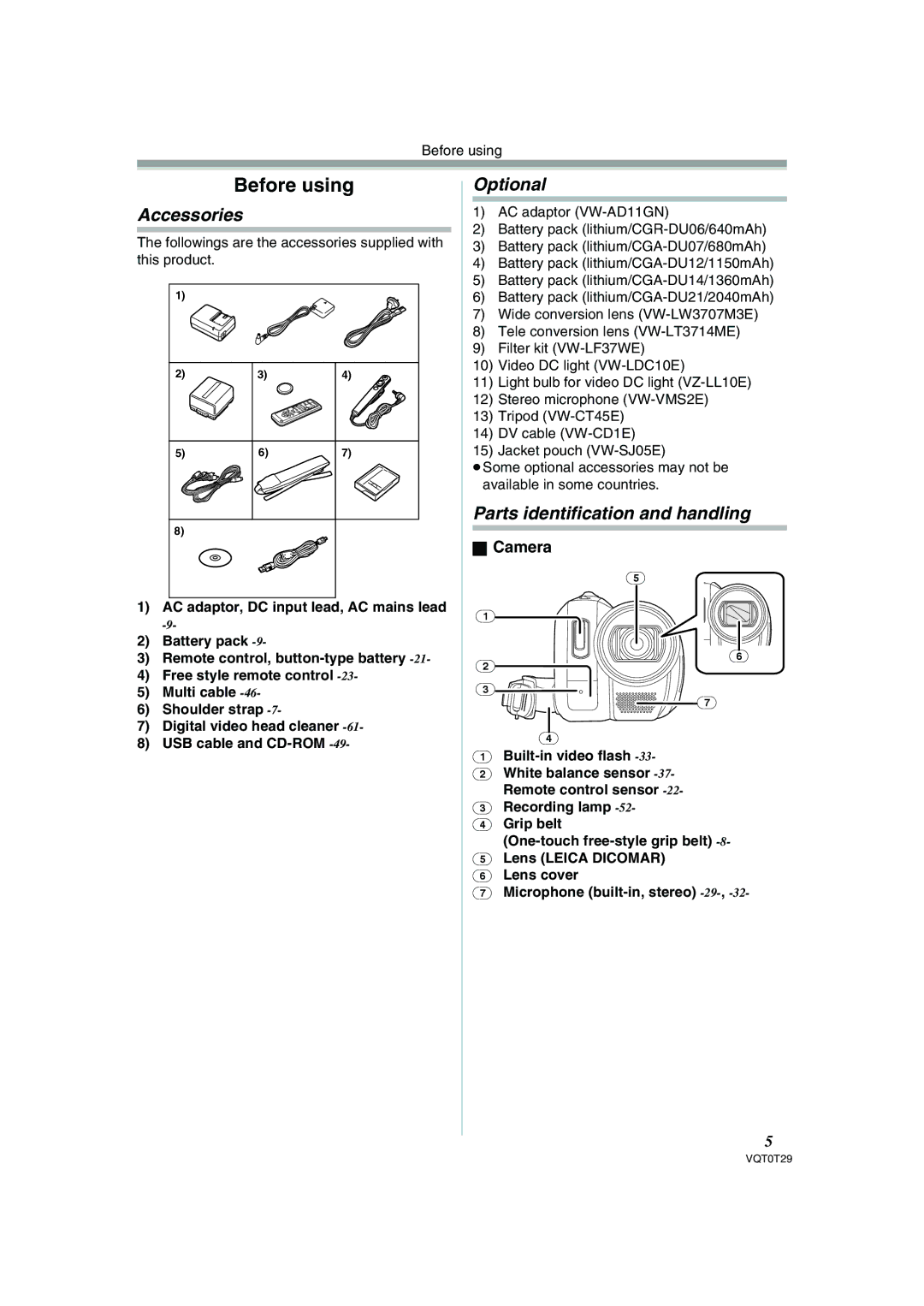 Panasonic NV-GS300 operating instructions Accessories, Optional, Parts identification and handling, Camera 