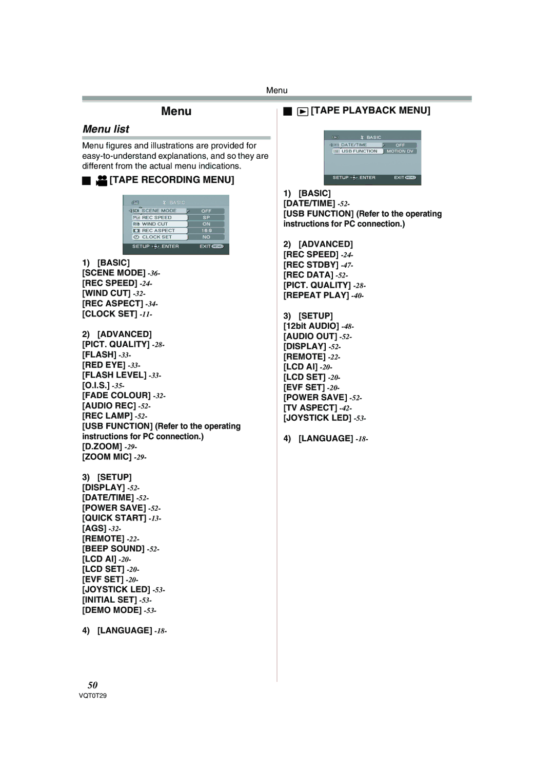 Panasonic NV-GS300 operating instructions Menu list, Tape Recording Menu, Tape Playback Menu 