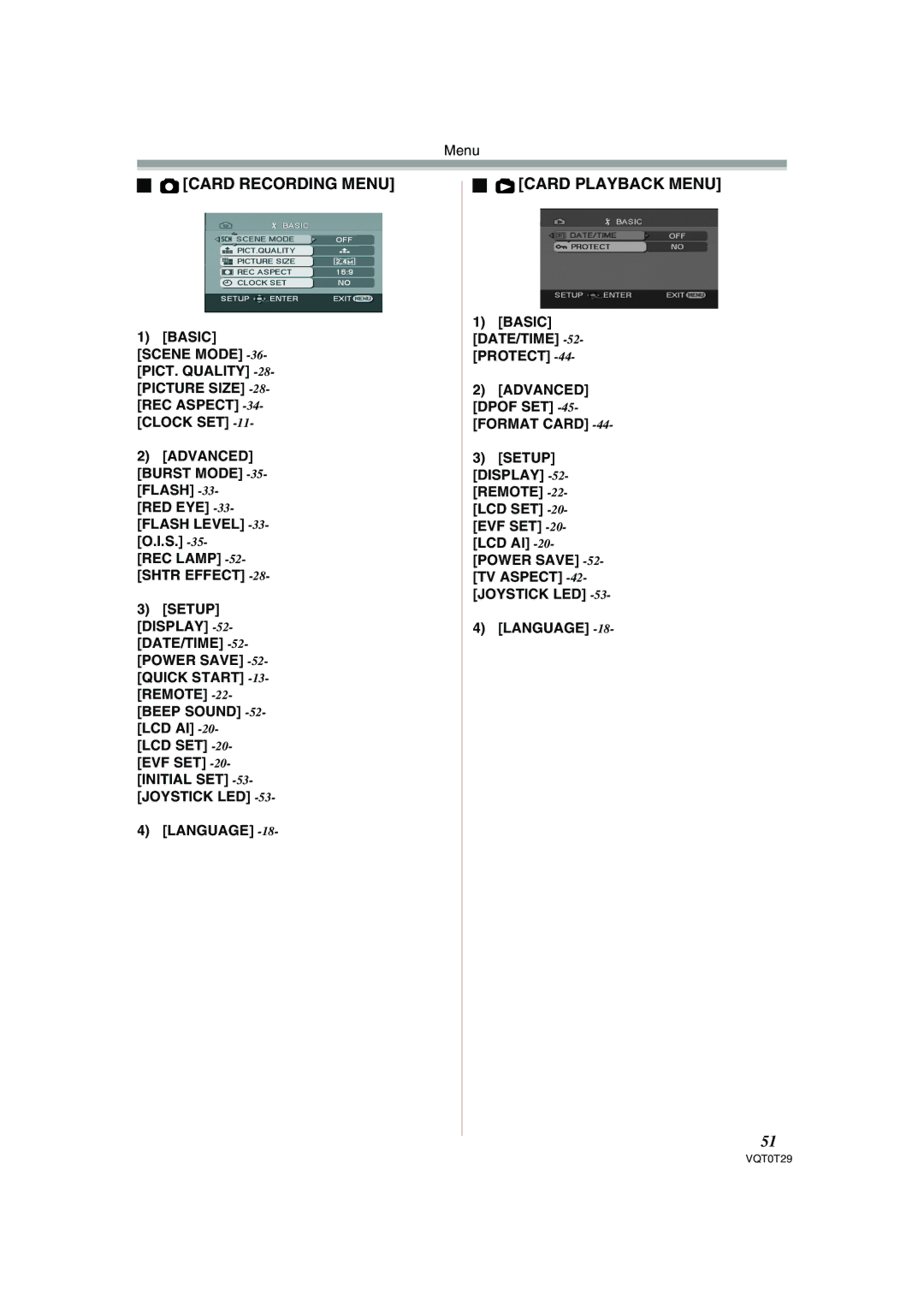 Panasonic NV-GS300 Card Recording Menu, Card Playback Menu, Basic DATE/TIME -52-PROTECT, Setup Display -52-REMOTE 