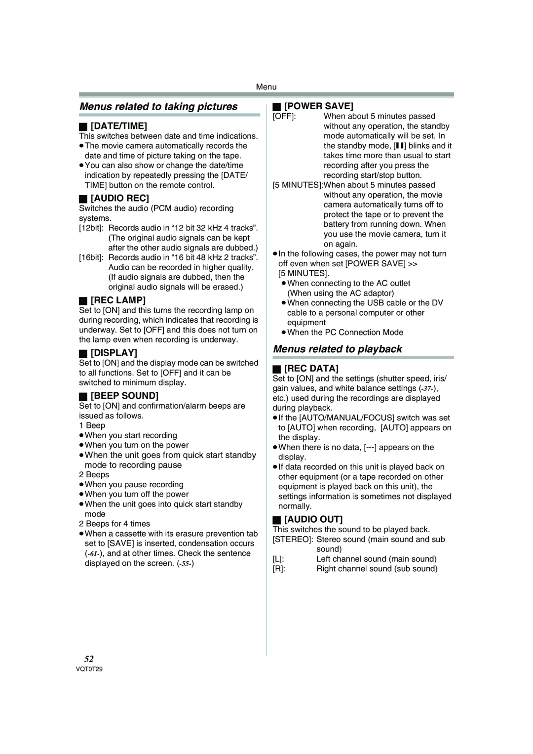 Panasonic NV-GS300 operating instructions Menus related to taking pictures, Menus related to playback 