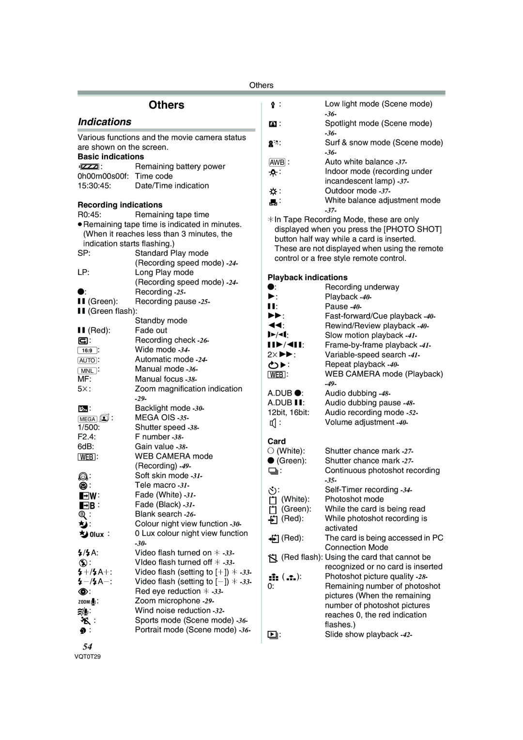 Panasonic NV-GS300 operating instructions Indications, Basic indications, Recording indications, Playback indications, Card 