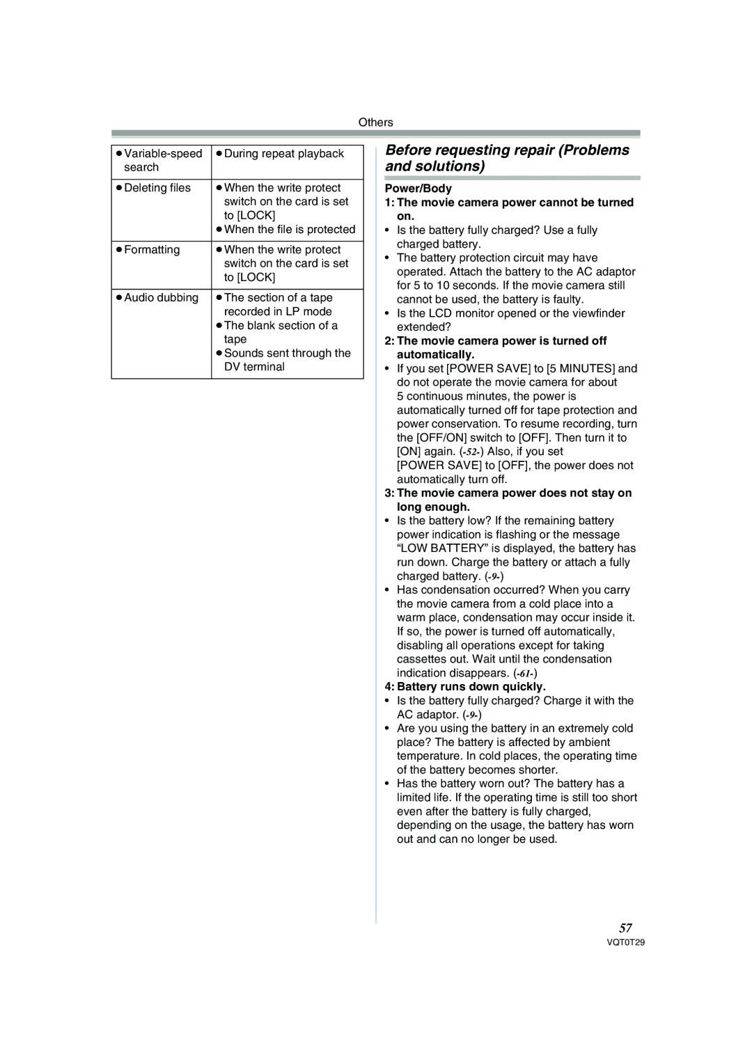 Panasonic NV-GS300 Before requesting repair Problems and solutions, Power/Body Movie camera power cannot be turned on 