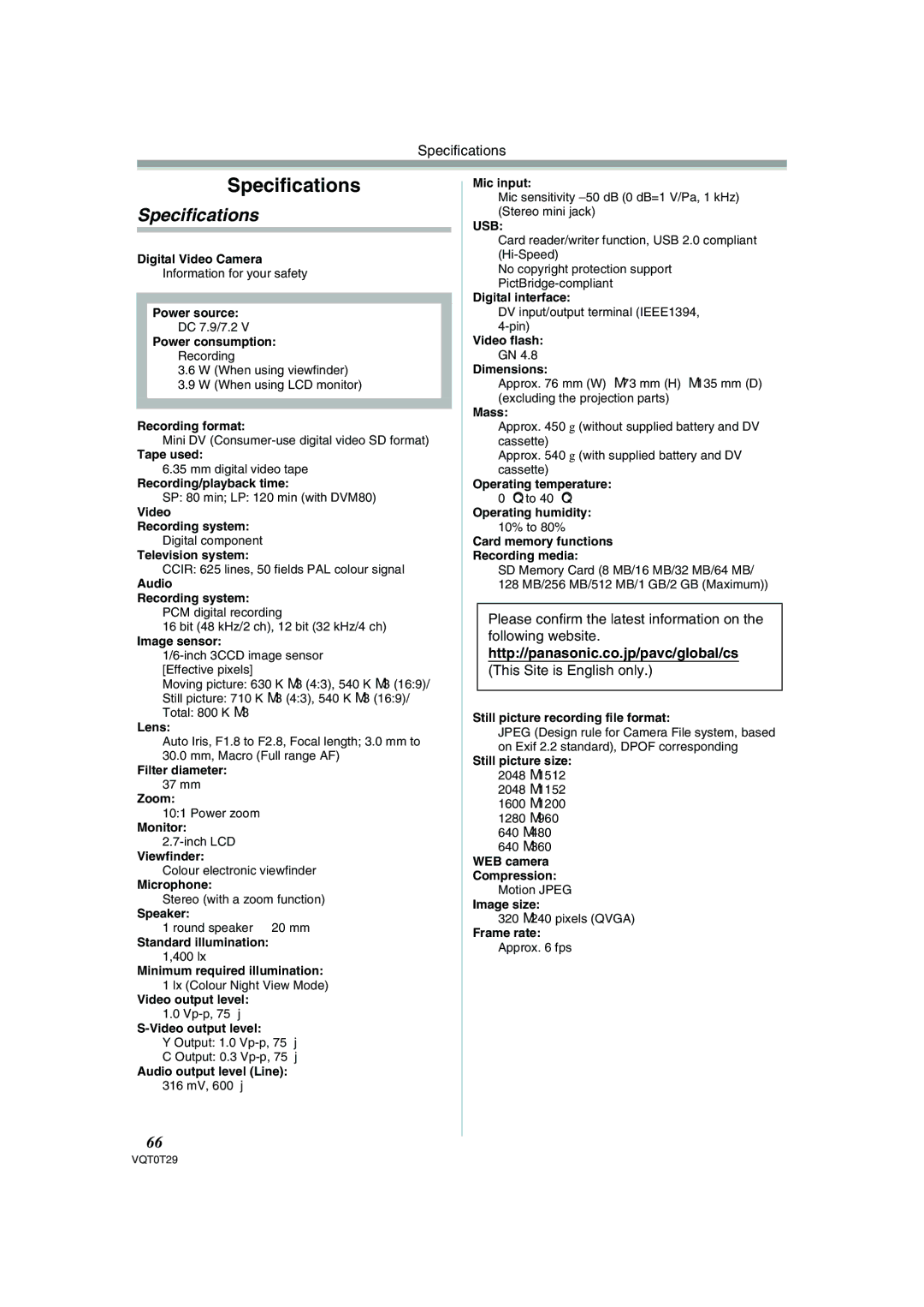 Panasonic NV-GS300 operating instructions Specifications, Http//panasonic.co.jp/pavc/global/cs, This Site is English only 