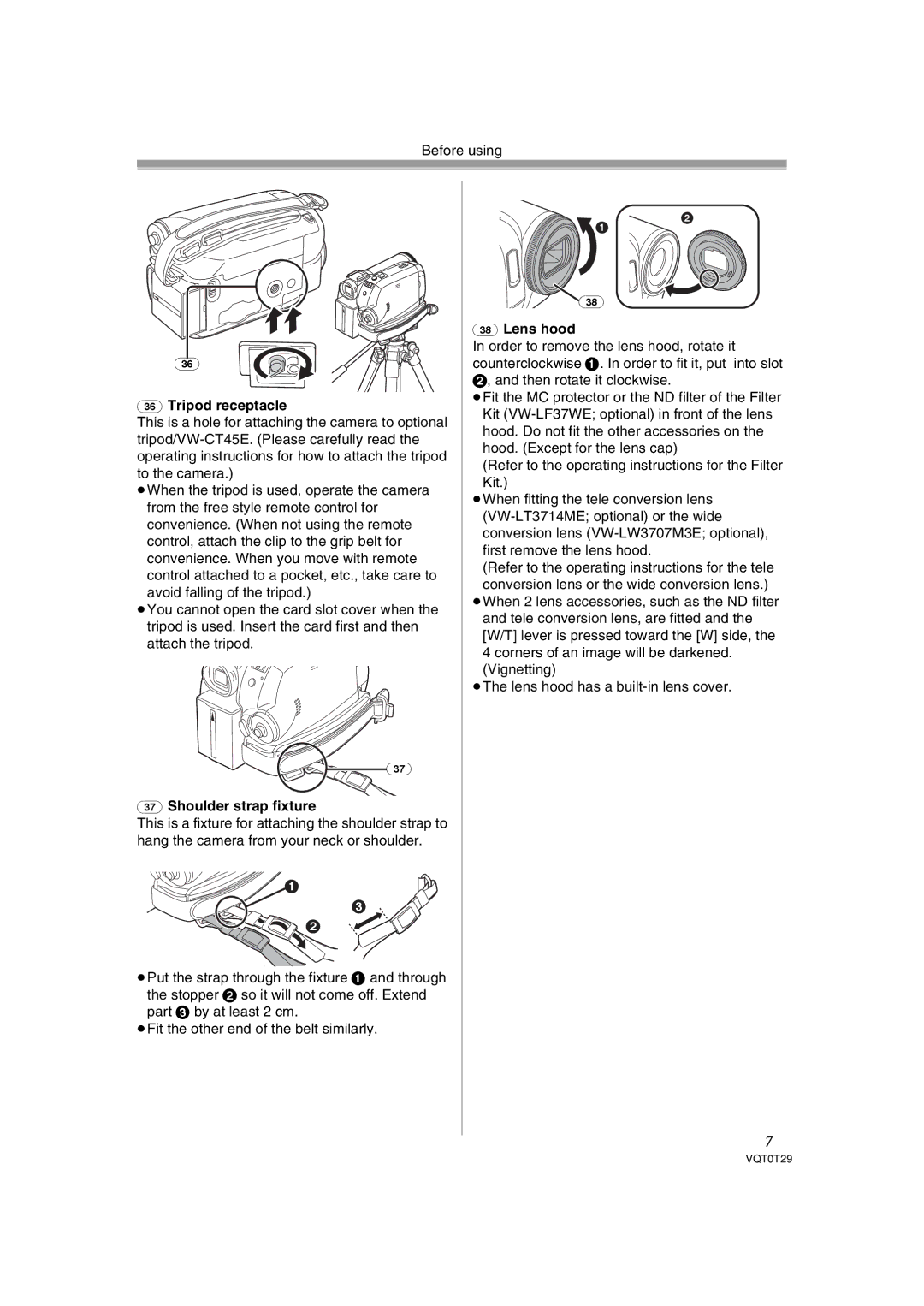 Panasonic NV-GS300 operating instructions Lens hood Tripod receptacle, Shoulder strap fixture 