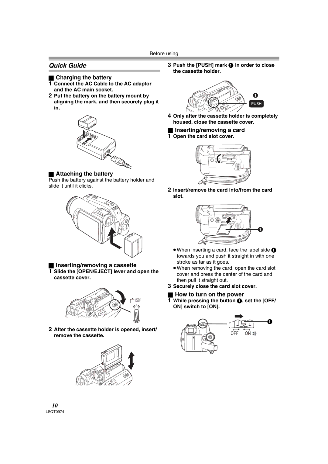 Panasonic NV-GS300B, PV-GS300 Quick Guide, Charging the battery, Attaching the battery, Inserting/removing a cassette 