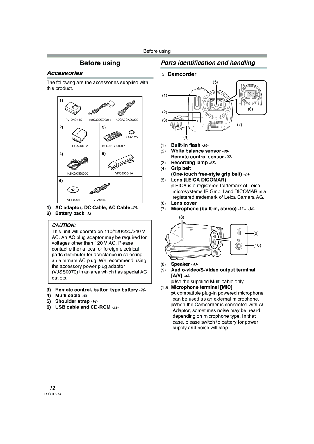 Panasonic NV-GS300B, PV-GS300 operating instructions Accessories, Parts identification and handling, Camcorder 